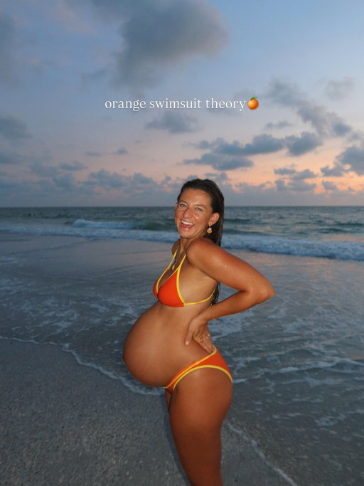 probably should just be called orange swimsuit tradition🍊🥹 basically we just wear an orange swimsuit for sunset close to your due date to signify the pregnancy🫶🏼