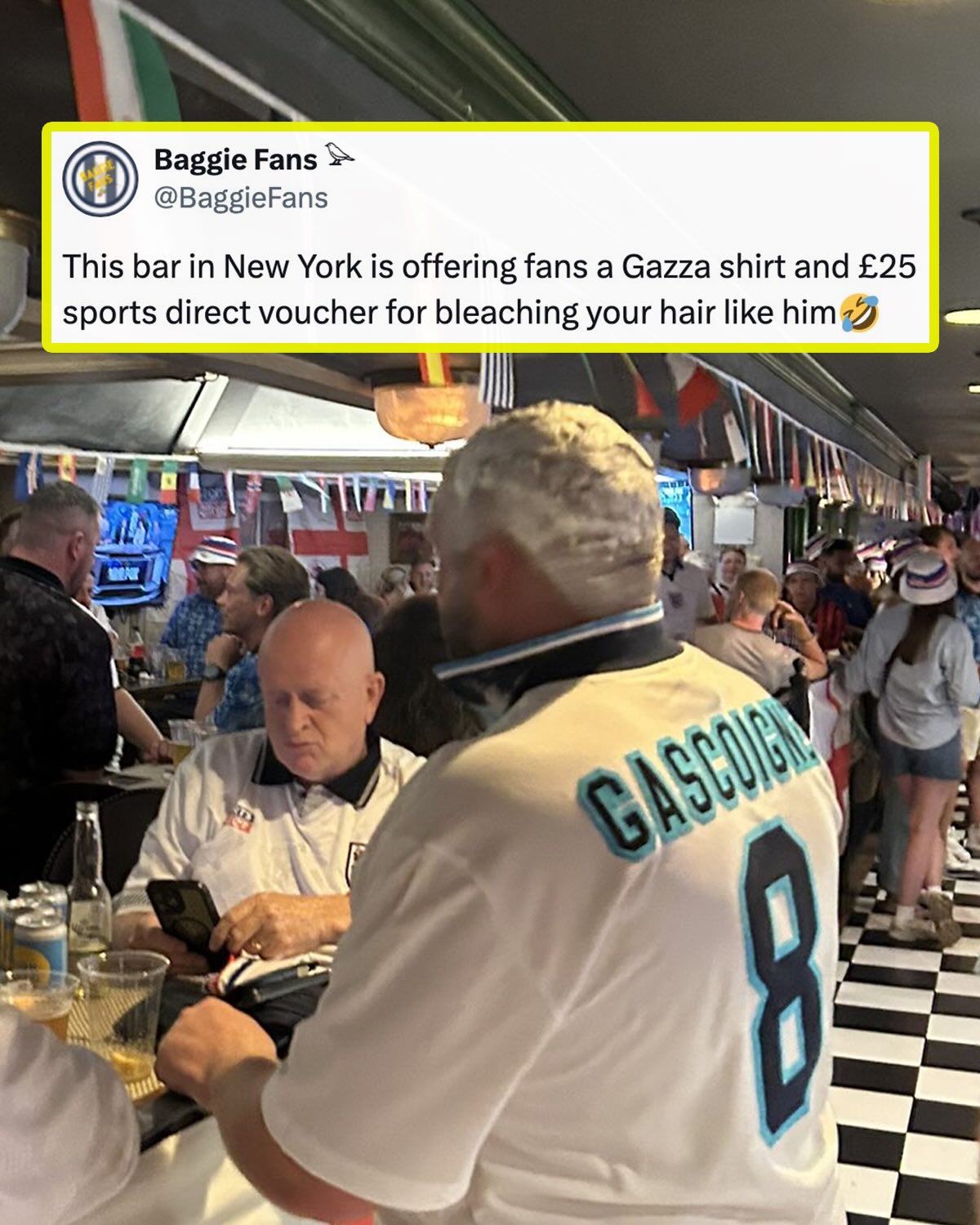 PARTY LIKE IT’S 1996 😂

The New York City bar, Carragher’s, is offering England fans goodies with a SIGNIFICANT catch. They have to bleach their hair à la Paul Gascoigne at Euro ‘96 👱‍♂️

If football’s not coming home, plenty of bleached hairstyles are 😂

📹: X/Sylvester_inc