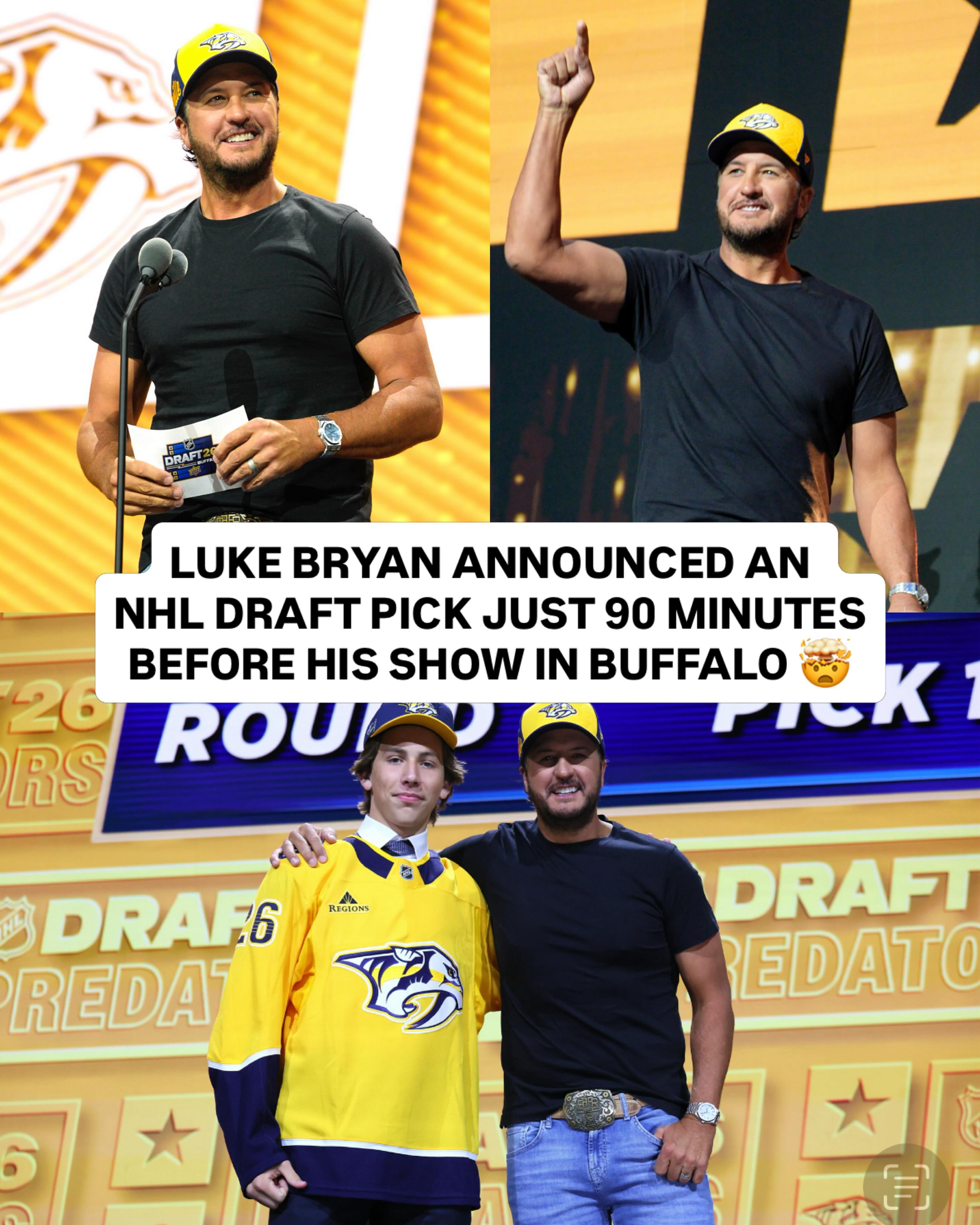This is wild 🤯

Just 90 minutes before his show in Buffalo, Luke Bryan was at the NHL Draft announcing a draft pick 👀🏒

Luke announced the No. 10 overall pick, Wyatt Cullen, who was selected by the Nashville Predators
