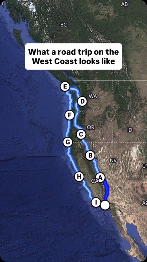 👇🏼Save & share these 80 spots for your trip ⬇️

📝 I’ve listed the spots in order of where you’re driving in from and the letter they are around on the map. Find the RV that takes you there at @campingworld

🚙 Los Angeles / San Diego ⬇️
⛰ (A) CENTRAL CALIFORNIA
1. Sequoia
2. Kings Canyon
3. Death Valley
4. Alabama Hills
5. Bishop
6. Mammoth
7. June Lake Loop
8. Yosemite
9. Lake Tahoe

🌋 (B) NORTHERN CALIFORNIA
1. Lake Helen
2. Cinder Cone
3. Manzanita Lake
4. Chaos Crags
5. Kings Creek Falls
6. Bumpass Hell
7. Burney Falls
8. McCloud Falls
9. Castle Crags
10. Hedge Creek Falls
11. Castle Lake
12. Lake Siskiyou
13. Shasta Caverns

⚓️ (C) OREGON
1. Crater Lake
2. Toketee Falls
3. Bend
4. Silver Falls SP
5. Multnomah Falls

🗻 (D) CENTRAL WASHINGTON 
1. Mount Rainier
2. Steven’s Pass
3. Leavenworth

🌲(E) WASHINGTON COAST
1. Cape Flattery (northwest tip of US) 
2. Shi Shi Beach
3. Rialto Beach
4. Hole-In-The-Wall
5. James Island Viewpoint
6. Forks
7. Hall of Mosses Trail 
8. Spruce Nature Trail
9. Ruby Beach 
10. Merriman Falls 
11. Quinault Rain Forest Trail
12. Seabrook

🏕️ (F) NORTHERN OREGON COAST
1. Cannon Beach (Haystack Rock) 
2. Silver Point Interpretive Overlook
3. Short Sand Beach
4. Neahkahnie Viewpoint
5. Cape Meares Lighthouse
6. Cape Kiwanda 
7. Otter Crest State Scenic Viewpoint
8. Devils Punchbowl Arch
9. Yaquina Head Lighthouse 
10. Cape Perpetua
11. Thor’s Well 

🌊 (G) SOUTHERN OREGON COAST
1. Heceta Head Lighthouse 
2. Bandon Beach 
3. Face Rock Scenic Viewpoint
4. Cape Blanco
5. Port Orford
6. Sisters Rock
7. Ariya’s Beach
8. Meyers Creek Beach Viewpoint
9. Arch Rock
10. Secret Beach
11. Natural Bridges
12. Thunder Rock Cove

🌅 (G2) NORTHERN CALIFORNIA COAST
1. Simpson Reed Trail 
2. Grove of Titans 
3. High Bluff Overlook
4. Crescent Beach Overlook 
5. Klamath River Overlook
6. Ferndale
7. Lost Coast
8. Trinidad 
9. Fern Canyon 
10. Mendocino 
11. Elk
12. Point Arena
13. Jenner

🌊 (H) CENTRAL CALIFORNIA COAST
1. Point Reyes
2. Carmel
3. Pebble Beach (17 Mile Drive)
4. Point Lobos
5. Big Sur
6. San Simeon
7. Cambria
8. Morro Bay

#usaroadtrip #visitcalifornia #CampingWorldPartner