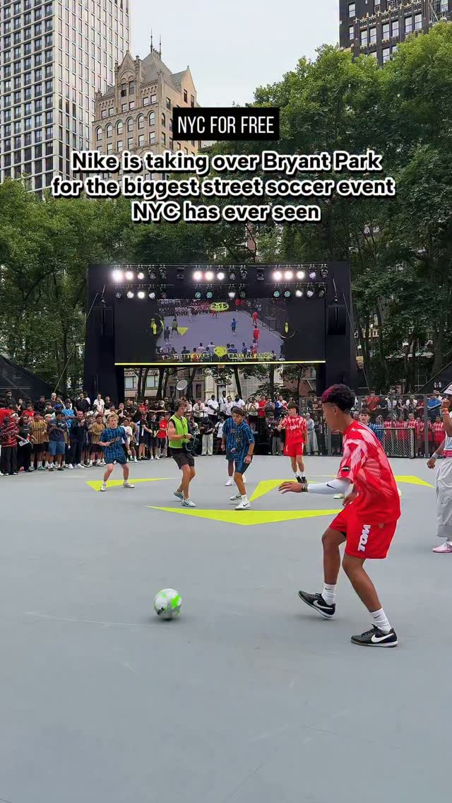 Nike Toma National Finals ⚽️ #NikePartner

@NikeNYC has taken over Bryant Park for the biggest street soccer event New York City has ever seen, and you’re invited to the finals today! 

At the @Nike Toma National Finals, 150 of the best teen players are battling it out at a 16,000 square foot open air arena.

Head over Saturday June 27 from 2-10pm, where you can check out the Toma Night Market ft. the SNKRS booth, exclusive Nike products, merch and food from different vendors, enjoy live DJ sets, watch the matches, and so much more.

Don’t miss this free celebration of street soccer!

#nycforfree #nike