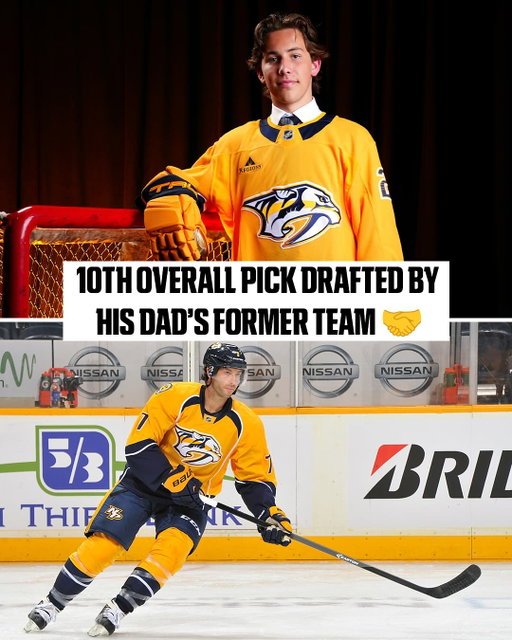 Like father, like son 🏒

Three-time Stanley Cup champion Matt Cullen played for the Nashville Predators and thirteen years later, his son Wyatt was drafted 10th overall to the team.