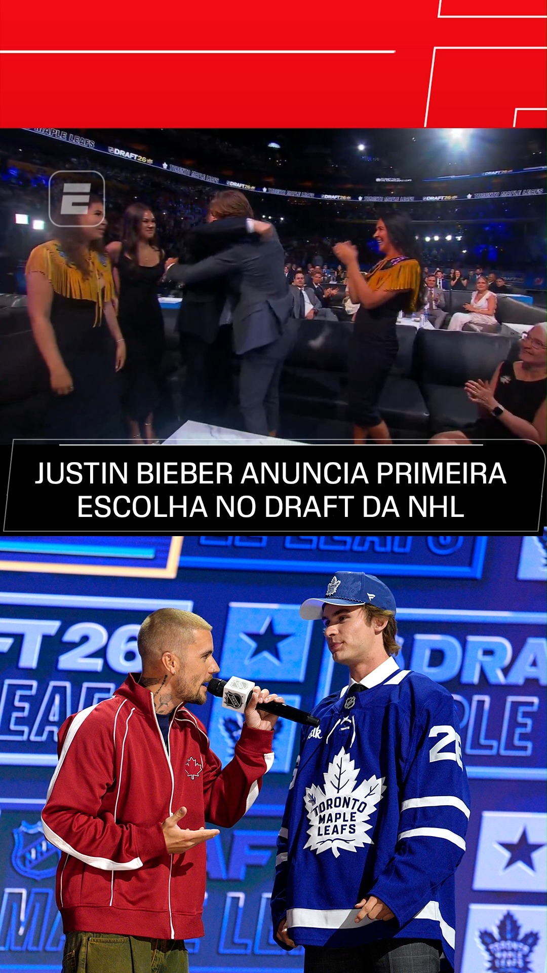 UM TORCEDOR ESPECIAL! 🍁🏒 Durante o Draft da NHL, Justin Bieber apareceu de surpresa para anunciar Gavin McKenna como a primeira escolha do evento. O jogador de hóquei no gelo, que atua na Penn State, se junta ao Toronto Maple Leafs, time que o cantor canadense torce. 

#NHLnaESPN #nhl #mckenna #justinbieber