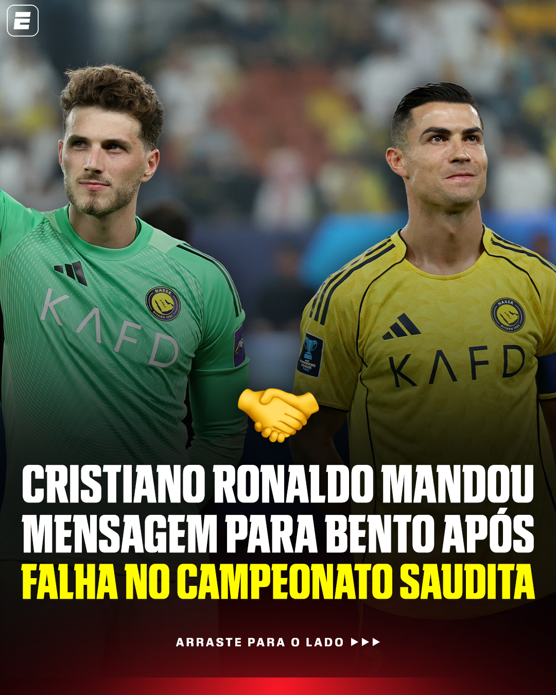 BENTO 🤝 CR7 

Após falha que quase custou o Campeonato Saudita para o Al-Nassr, o goleiro bento revelou em bastidores recentes que Cristiano Ronaldo mandou uma mensagem para o mesmom, para prestar apoio ao brasileiro.

Cristiano se disse preocupado com a saúde mental de Bento após repercussão do lance. O robozão é GIGANTE!

#FutebolNaESPN #CR7 #Bento #AlNassr
