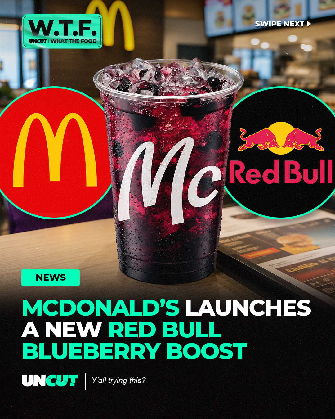 McDonald’s UK is testing a new Red Bull Blueberry Boost Energizer at select locations 🇬🇧⁠
⁠
The iced drink mixes Red Bull with sweet blueberry flavor, real blueberries, and comes in at £3.99 with 182 calories 🫐⁠
⁠
Would y’all try this⁉️👀