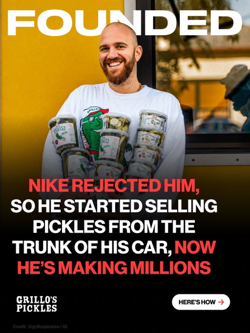 Nike rejected Travis Grillo. So he started selling @thehouseofgrillo pickles from a car trunk.

In 2008, he had four interviews with Nike and even met Phil Knight.

Still, no offer.

Back in Connecticut, he ate one of his grandfather Sam’s homemade pickles and saw the opening.

The recipe was 100 years old: seven ingredients, no preservatives.

He loaded his 1985 Oldsmobile and drove to ballfields, courts, and parks selling them by hand.

Boston officials told him he wouldn’t last an hour.

Then Whole Foods placed an order.

By 2019, @grillospickles was in 10,000+ stores doing around $28M a year.

One rejection became America’s #1 pickle brand.