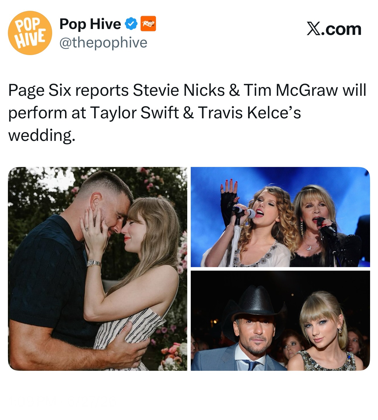 According to Page Six, Stevie Nicks and Tim McGraw are set to perform at Taylor Swift and Travis Kelce’s wedding. ✨

The outlet reports the performances will be part of the highly anticipated celebration.

Neither Swift nor Kelce has publicly confirmed the reported wedding plans.