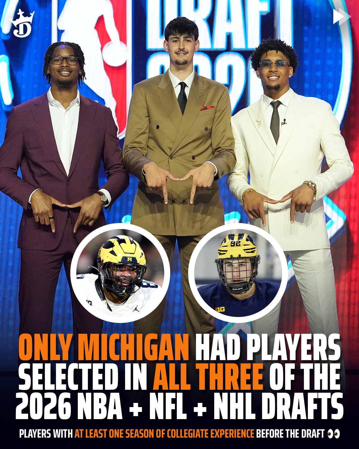 Michigan is the only school in the nation to have players from their most recent teams picked in all three of the 2026 NBA, NFL, and NHL Drafts 👀