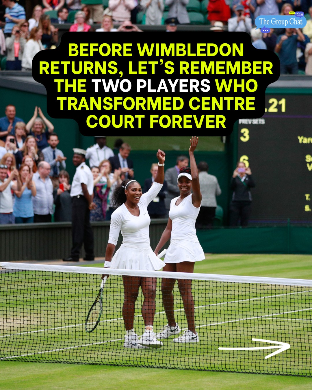 Centre Court belongs to the Williams sisters. 👑 ⁣
⁣
From winning 12 Wimbledon singles titles to changing the sport through equal prize money and breaking barriers for Black women in tennis, Venus and Serena's impact extends far beyond the trophies. 🎾💚⁣
⁣
Swipe through some of the most incredible stats and moments from two careers that forever changed Wimbledon. 💯⁣
⁣
Keep up with all things lifestyle by subscribing to The GIST's free newsletter over at the link in bio. 💌⁣⁣⁣⁣
⁣
#womenssports #tgc #thegroupchat #tennis