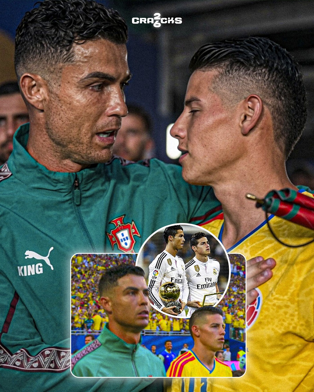 🤝 FÚTBOL PURO ENTRE CRISTIANO Y JAMES.

🇵🇹🇨🇴 Cristiano Ronaldo y James Rodríguez se saludaron justo antes del Portugal vs Colombia.

👑 El capitán portugués y el capitán colombiano. Amigos, excompañeros y hoy rivales en el torneo más grande.