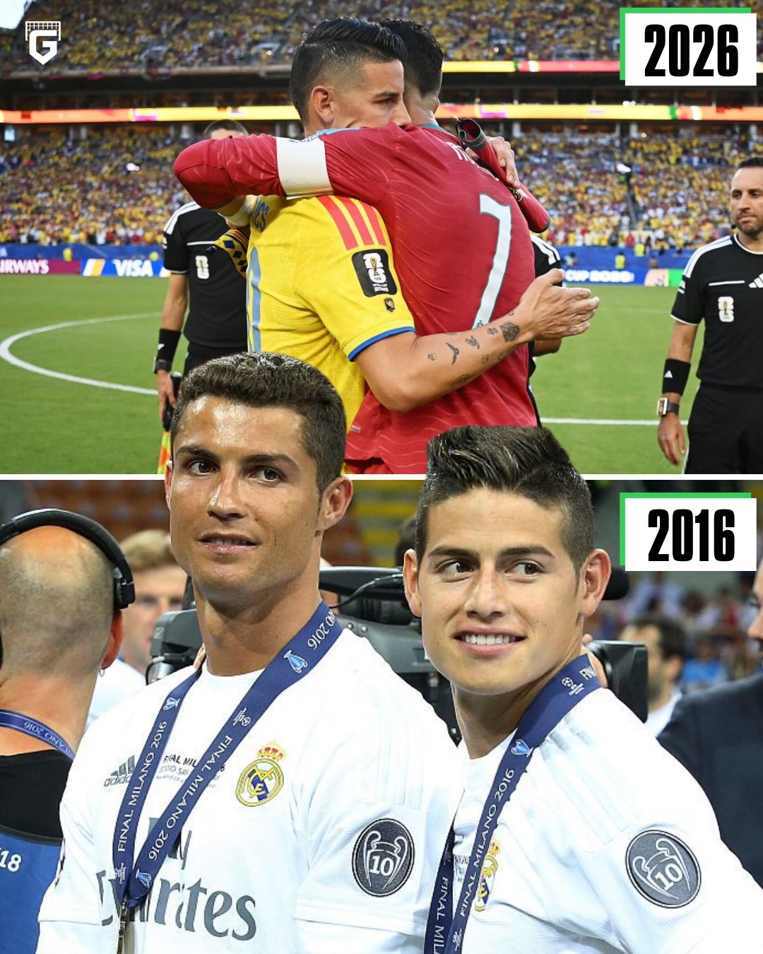 Crazy to think that its already been 10 years since we witnessed Cristiano Ronaldo and James Rodriguez as teammates at Real Madrid, winning the UCL together...

Today, they face off as opponents for their countries at World Cup 2026 ❤️