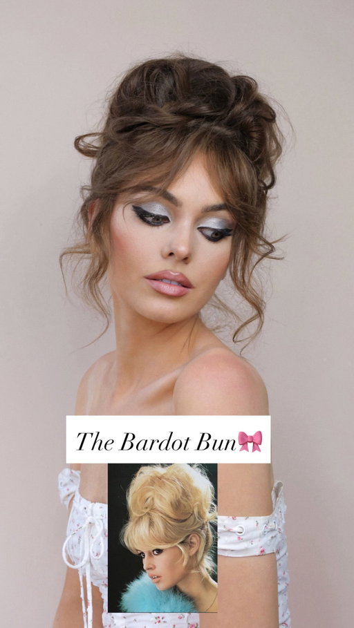 How To: ‘60s Bardot Bun🎀🤎

My go-to brunette Bardot updo with faux bangs... I was tired & burnt here but it ends up fabulous every time😅🎀

Step-by-step:
1. Create 2 pigtails + a high ponytail
2. Add a bun maker to the ponytail
3. Tease large sections, loop inward & pin into the bun base
4. Twist each pigtail across to the opposite side (this shortens the length and creates a faux “headband” for the bangs)
5. Loop extra hair from pigtail under the twist to create curtain bangs, pin excess into the bun! 

🎀Style bangs & voila🎀

I used the @marcanthonyhaircare Style Flex 2-in-1 Adjustable Texture Spray for grip and texture 🤎

Save this for your next vintage moment and tag me if you try it!

#60sHair #FauxBangs #BardotBun #HowTo #MessyBun