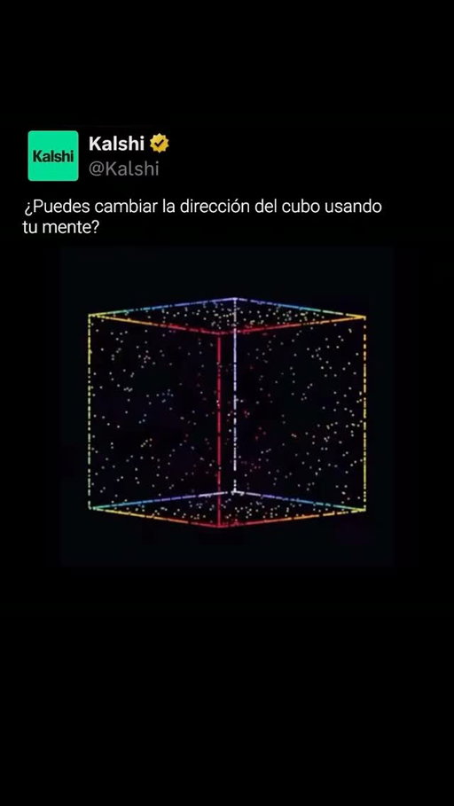 Esta es una animación en 2D completamente plana y sin pistas de profundidad (como sombras o capas superpuestas). Al no tener datos geométricos para saber qué cara del cubo está adelante o atrás, tu corteza visual se ve obligada a construir un modelo 3D en tiempo real.

Como existen dos interpretaciones matemáticas igual de válidas para este giro, tu cerebro alterna espontáneamente entre ellas. Puedes "hackear" este proceso y obligar al cubo a cambiar de dirección al instante parpadeando, mirando a otro lado o enfocándote en una esquina.

#kalshi #kalshiespañol