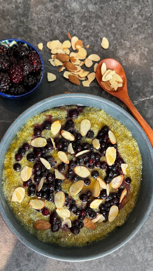 my favorite breakfast for my favorite wife: saffron chia pudding using @califiafarms Organic Soymilk #califiapartner 

Recipe:
Mix 1/2 cup chia seeds with 1 1/4 cup Califia Farms Organic Soymilk and allow to set overnight in the fridge. 
Crush 5-6 saffron strands and bloom with 2 tbsp warm soy milk. Add to chia pudding. 
Top with blueberries, sliced almonds and organic local honey. 
Enjoy!