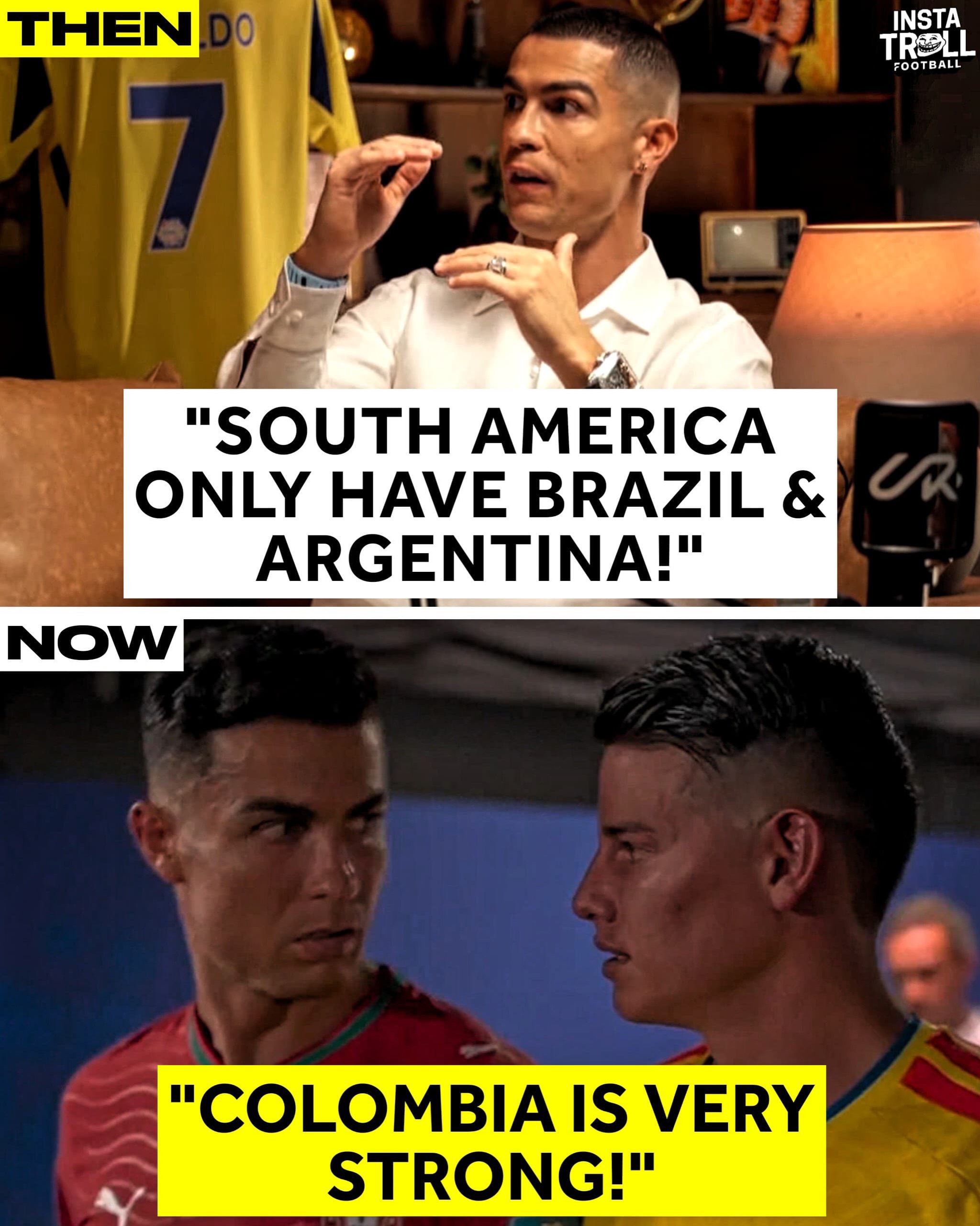 Cristiano Ronaldo previously said that South America is essentially just Argentina and Brazil, and that the Nations League provides tougher competition. 👀

Portugal were then held to a draw by Colombia yesterday, finishing second in their World Cup group. 🇵🇹🇨🇴

It’s a statement that continues to divide opinion among football fans around the world. 😤

According to @Polymarket, Portugal have a 5.9% chance of lifting the trophy this summer. 🏆