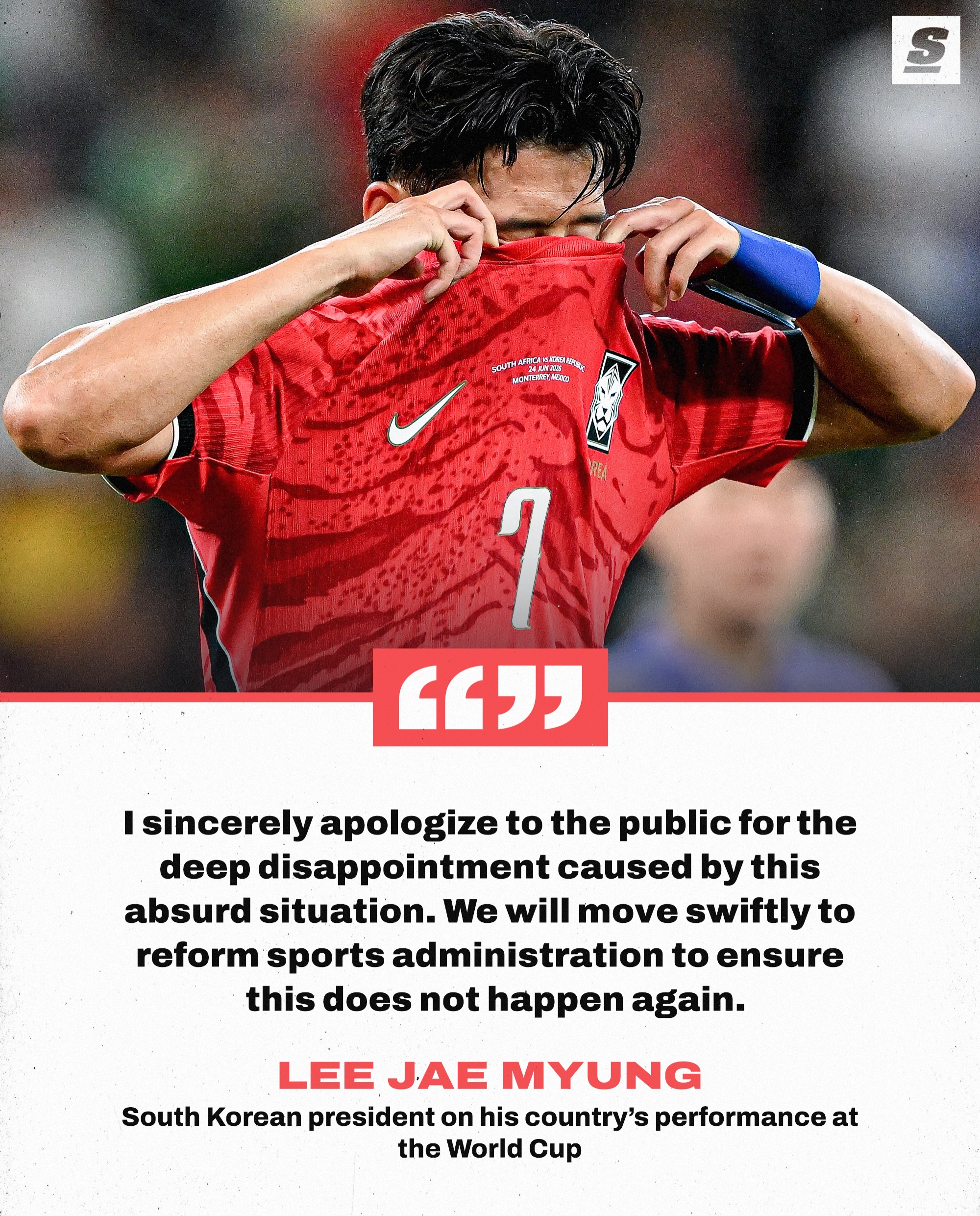 South Korean president Lee Jae Myung was NOT happy with his nation’s failure to qualify for the knockout round 😳

Coach Hong Myung-bo announced his resignation following his team’s disappointing elimination from the group stage 

South Korea won their opening match vs. Czech Republic, then lost their next two Group A matches to South Africa and Mexico 😓