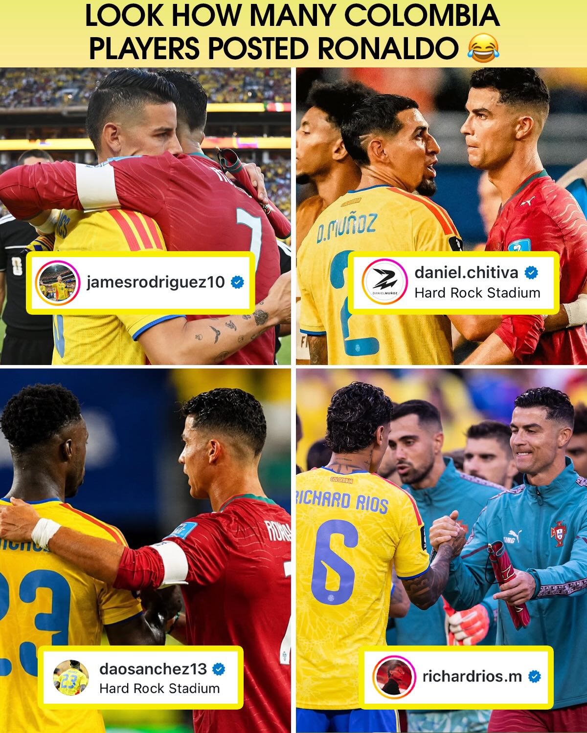 Cristiano Ronaldo was a popular subject in Colombia players’ Instagram posts after the 0-0 draw with Portugal in Miami 😅

Hopefully Vozinha gets the same treatment after Argentina-Cape Verde 😉