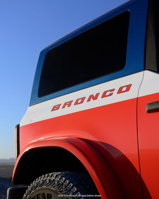 In 1969, Bill Stroppe and the Baja Bronco made history, becoming the only stock 4x4 vehicle to ever win the Baja 1000. The build soon became a cult classic, known for its off-road dominance and expressive design language. 

The Bronco® Stroppe Edition carries that spirit forward, with contemporary riffs on the livery, badging and signature cactus motifs. 

“We brought in the Matte Black Hood, a functional detail from the original design. We updated the metallic blue roof to Atlas Blue and that iconic orange-red to Code Orange – the color that’s tied to all our Ford Racing Raptors.” —Kellie Walters, Color & Material Designer, Bronco® Stroppe Edition