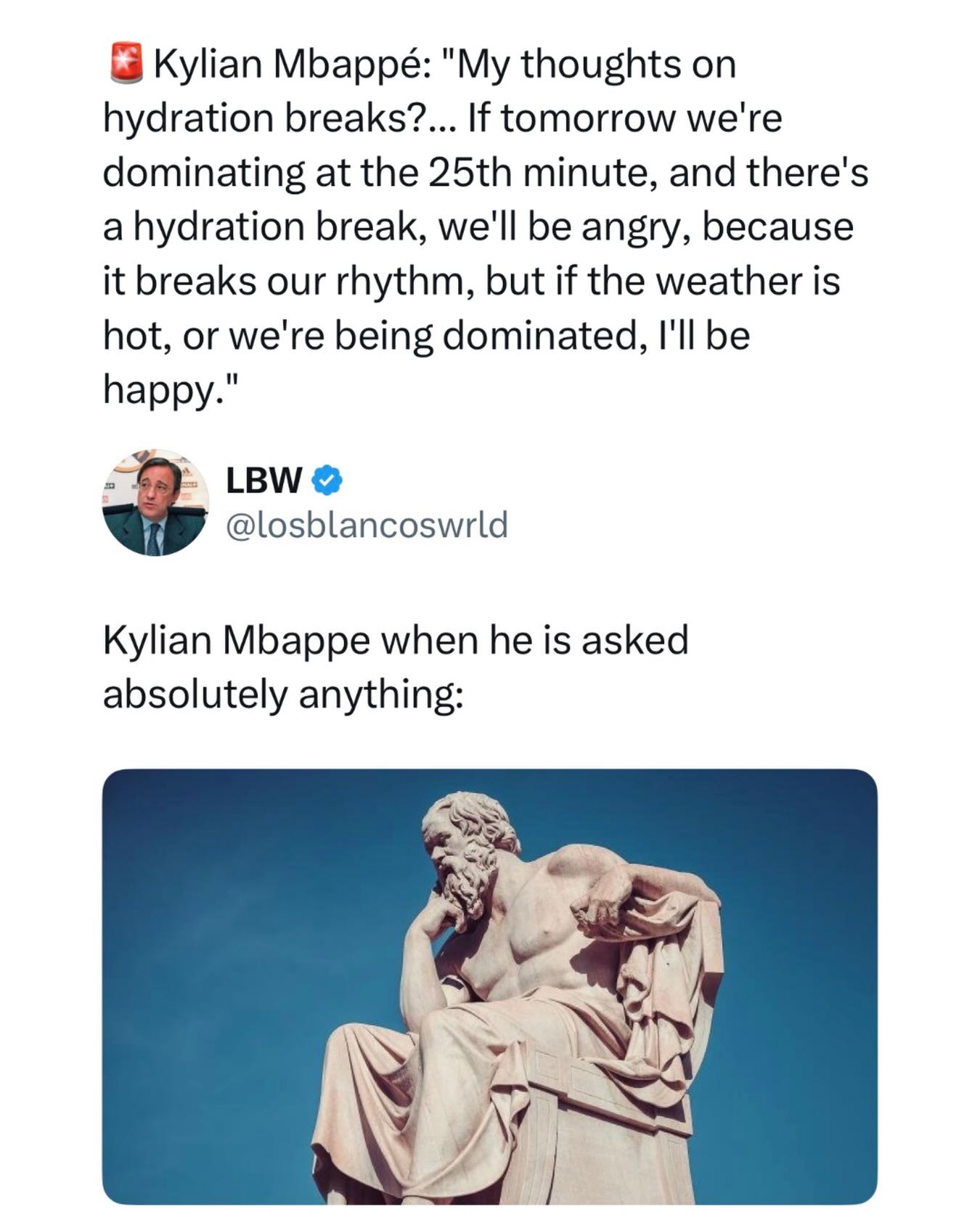 Every Mbappé answer somehow turns into a philosophy lecture 😭

Some athletes give quick, predictable answers in press conferences. Then there’s Kylian Mbappé, who somehow manages to turn even the simplest questions into thoughtful discussions about strategy, psychology, and decision making. Ask him about hydration breaks and you’ll leave with a lesson on momentum, game management, and why context matters.

That’s part of what makes him so entertaining to listen to. Whether he’s talking about football, pressure, or tactics, his answers almost always have another layer to them. At this point, reporters could probably ask him what he had for breakfast and he’d somehow connect it back to the mental side of competing at the highest level.