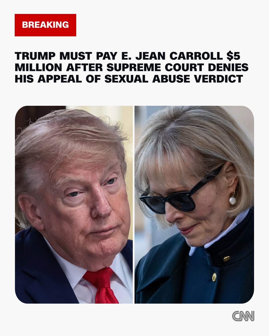 The Supreme Court has declined to take up an appeal from President Donald Trump over a $5 million verdict and finding that he sexually abused and defamed E. Jean Carroll, a decision that means the president will now have to pay the magazine columnist.

Carroll sued Trump in 2019 for defamation and then she sued him again in 2022 for defamation and battery after New York enacted a law allowing the victims of sexual abuse to file civil claims for past incidents. In an unusual quirk, the second case — the one filed in 2022 — went to trial first and the jury awarded Carroll $5 million. That is the case the Supreme Court agreed to hear.

The 2019 case went to trial second and resulted in an $83 million judgment against Trump. Including interest, Trump owes Carroll over $100 million in all.

Read more at the link in our bio.

📸: Spencer Platt/Pool/Getty Images