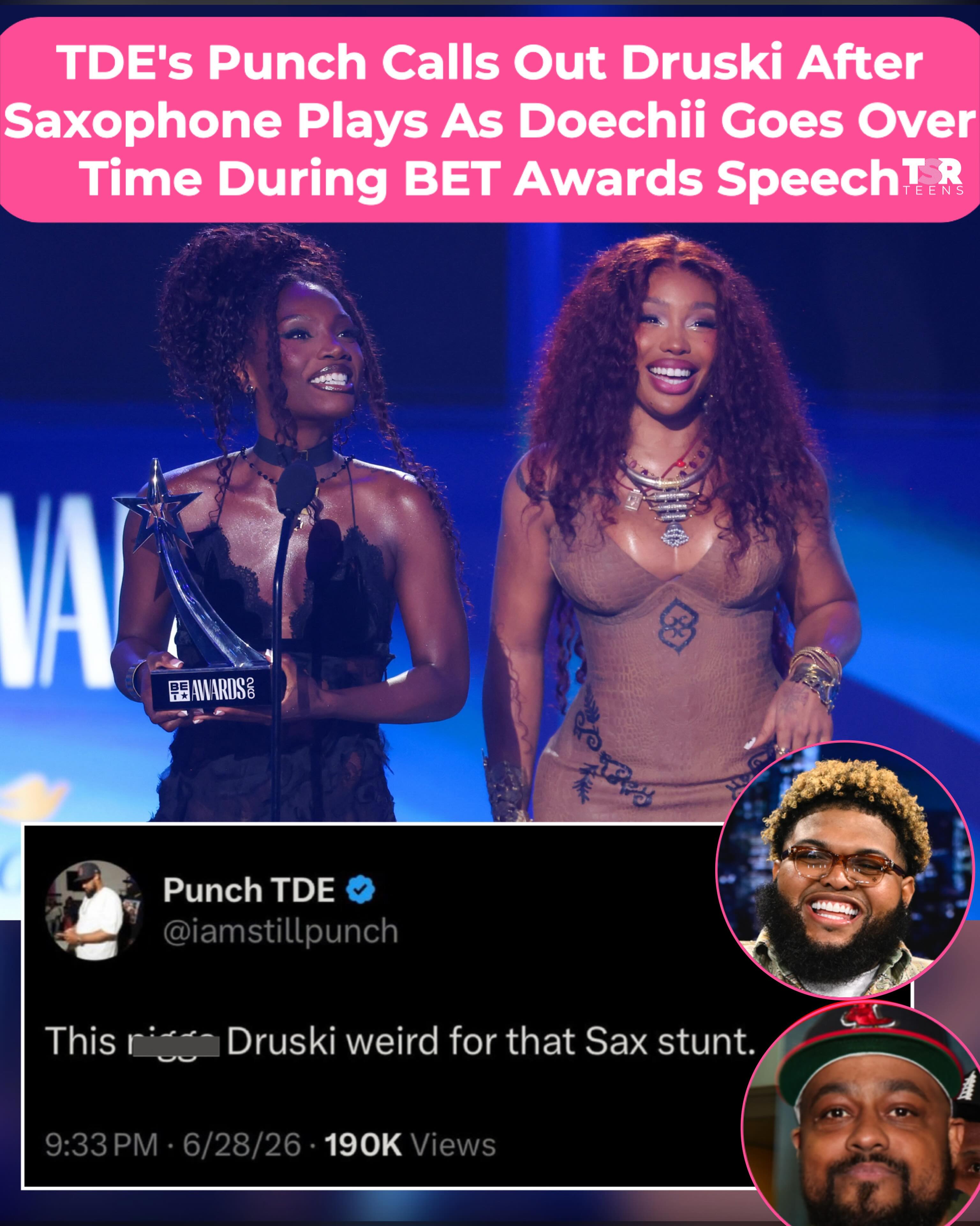 Before the BET Awards kicked off, #Druski jokingly warned that saxophone music would play if acceptance speeches went over 30 seconds. Well... it happened. 😅 _____________________________________ 
After #Doechii’s speech was played off for running over time, TDE’s #Punch called out Druski over the moment. He later deleted his post. 👀 (📸: @gettyimages) ✍🏾: #TSRStaffLG #TSRStaffTC