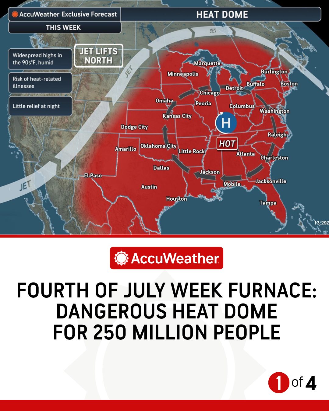 A dangerous heat wave will build for more than 250 million people in the central and eastern United States this week--including the Fourth of July--as days of extreme temperatures, high humidity and intense sunshine combine under a massive heat dome.⁣
⁣
The heat wave will bring the hottest weather so far this year for many, and in some cases, it will be the worst in years. New York City is expected to experience its second-worst heat wave since 2000, according to AccuWeather experts, with temperatures in Central Park potentially reaching 100 degrees Fahrenheit for the first time in more than a decade.⁣
⁣
Tap the link in bio to read more.
