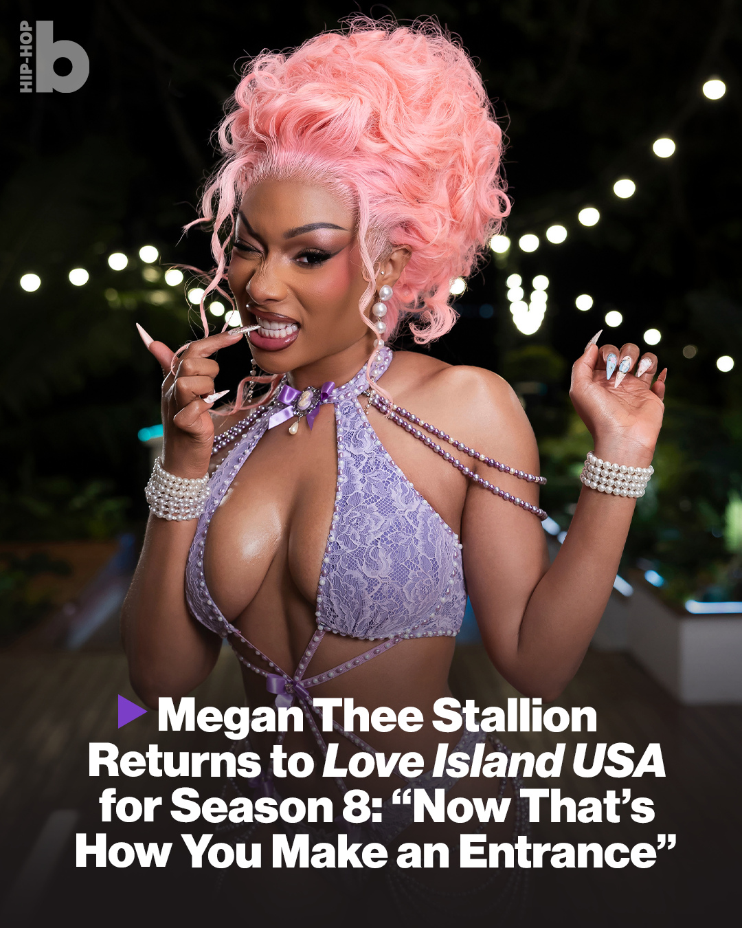 Megan Thee Stallion made a surprise return to Love Island USA and she came to shake things up.⁠
⁠
Following the Casa Amor fallout on Sunday (June 28), the Houston Hottie re-entered the Fiji villa for a guest appearance on season eight, marking her second straight year popping up in the franchise after first appearing in season seven.⁠
⁠
Dressed in a purple thong bikini, pearls and a pink wig, Megan immediately had the islanders stunned as she hosted the “Hot Girl Bakery” challenge and later introduced two new bombshells: Amora Cachee Robinson and Carl Schmidt.⁠
⁠
At one point, she even checked contestant KC for his Casa Amor behavior, telling him, “You don’t remember nothing that happened at Casa?” while calling out the drama unfolding in the villa.⁠
⁠
Watch Megan’s 'Love Island USA' moment at the link in bio.⁠
⁠
📸 Ben Symons/Peacock⁠