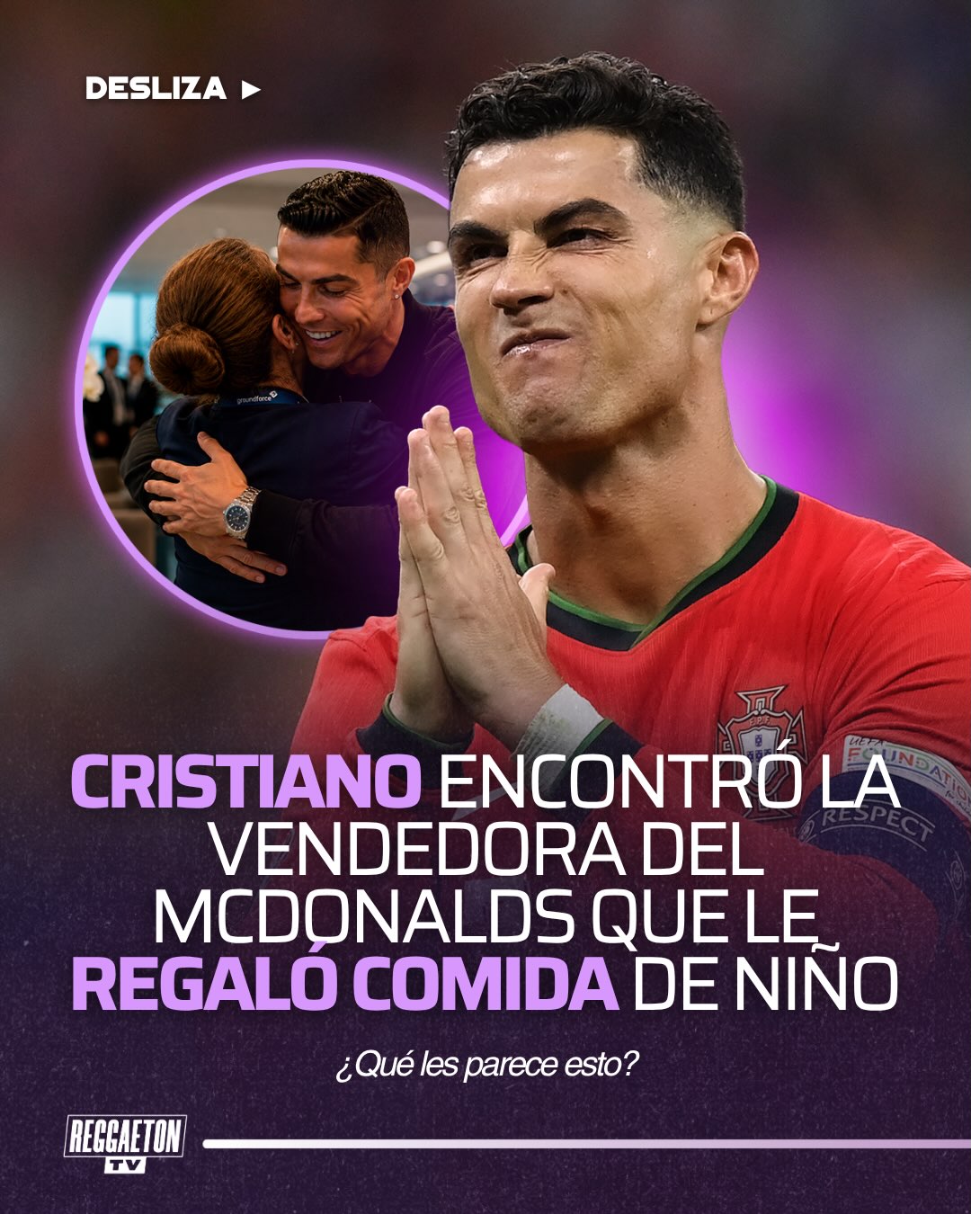 Después de más de 20 años, Cristiano Ronaldo, por fin pudo reencontrarse con una de las mujeres que le regalaba hamburguesas cuando era sólo un niño persiguiendo un sueño en el Sporting de Lisboa, con hambre y sin dinero.

El Bicho contó en una entrevista que tuvo un encuentro sorpresa en el aeropuerto de Lisboa con Edna, y dejó a su familia sin palabras y a todos nosotros con una gran lección, el agradecimiento. 🙏
.
Sigue a @reggaetontv para más contenido‼️