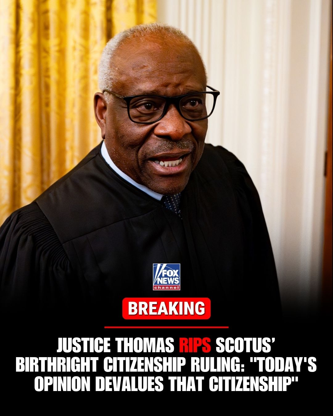 BREAKING: Justice Clarence Thomas pens a scathing dissent after the Supreme Court upheld birthright citizenship.

Thomas accuses the majority of “repurposing” the 14th Amendment “to protect its own set of preferred rights that the Reconstruction Congress never contemplated and that cannot find support in its text.”

“Today, the Court does so again by recognizing a constitutional right to citizenship for the children of all foreign birth tourists and illegal aliens.”

“I am not sure that today’s opinion will stand the test of time. The Citizenship Clause ‘added greatly to the dignity and glory of American citizenship.’ Today’s opinion devalues that citizenship.”

“I respectfully dissent.”