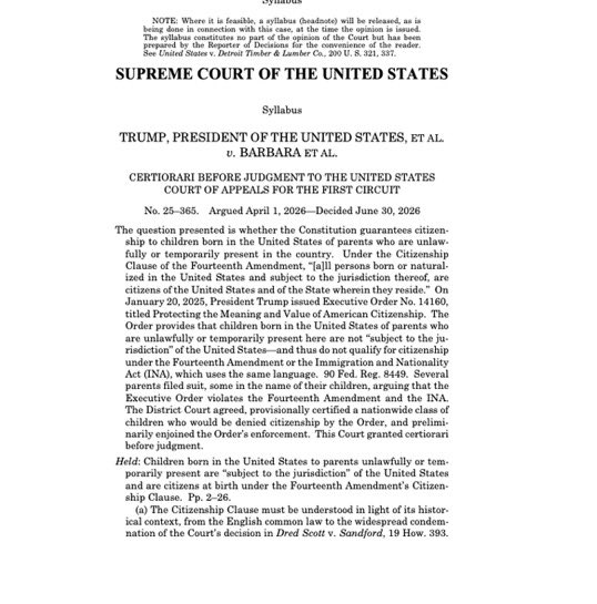 🚨DISASTER: SCOTUS strikes down Trump’s executive order on birthright citizenship, ruling that children of illegal aliens and foreign nationals born on US soil are magically now American citizens

Barrett and Roberts both joined with the liberals
