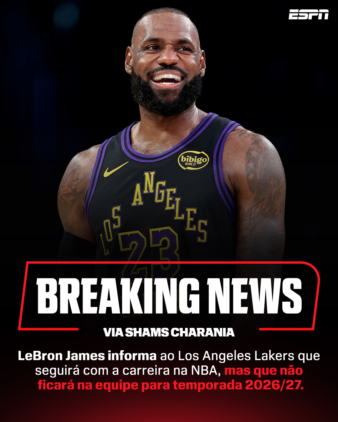 URGENTE: LEBRON JAMES INFORMA QUE NÃO FICARÁ NOS LAKERS! 😱🚨 

LeBron James seguirá atuando na NBA na temporada 2026/27, mas informou ao Los Angeles Lakers que pretende defender outra franquia. A informação foi revelada por Rich Paul, CEO da Klutch Sports, em declaração à ESPN.

Para qual time você gostaria de ver o King, fã de esporte? 👀

#NBAnaESPN #NBA #LeBronJames #Lakers