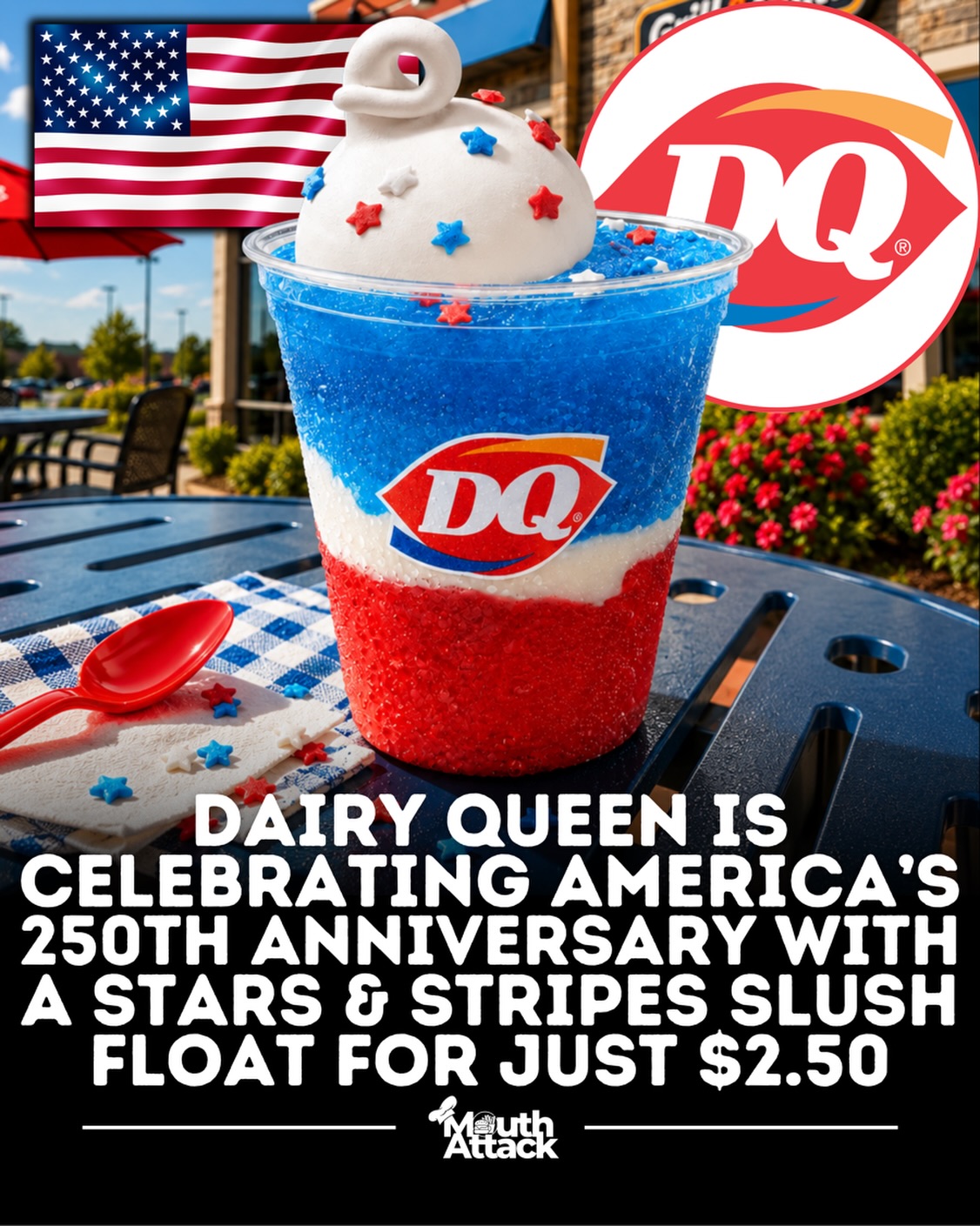Dairy Queen is celebrating America’s 250th anniversary with a festive new frozen treat! 🍦

The NEW Stars & Stripes Misty Slush Float is made with layers of Cherry Misty Slush, DQ’s famous vanilla soft serve, and Blue Raspberry Misty Slush, all topped with patriotic star sprinkles for the ultimate red, white, and blue dessert. It’s available for a limited time at participating U.S. locations from June 29 through July 5 for just $2.50. 

DQ Rewards members can also score 250 bonus points and three entries into the Go for the Globe Sweepstakes when they purchase one during the promotion. 

Would you give this patriotic float a try? 🇺🇸👇