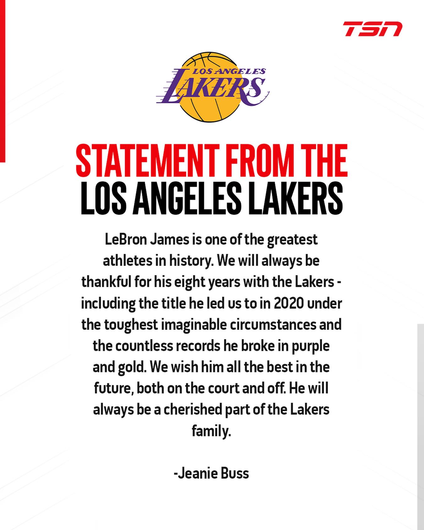 The Lakers released a statement following the announcement of LeBron James’ departure from Los Angeles.