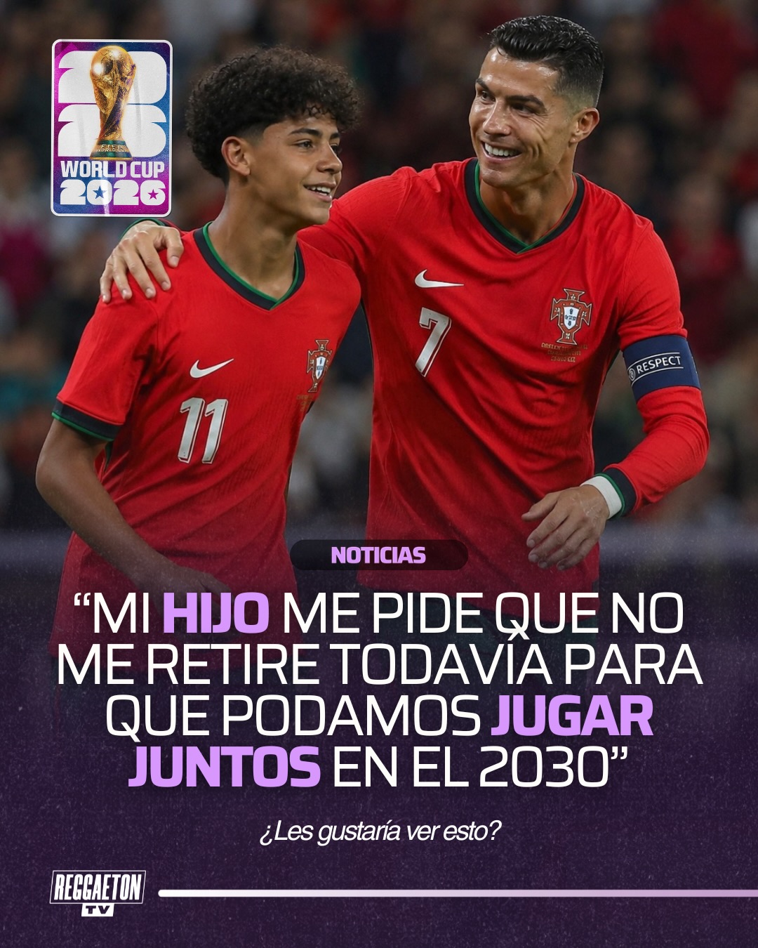 Cristiano Ronaldo reveló que uno de los mayores sueños de su hijo, Cristiano Jr., es compartir la cancha con él defendiendo la camiseta de Portugal.

El delantero portugués contó que su hijo le ha pedido seguir jugando unos años más para intentar cumplir ese objetivo, una posibilidad que ilusiona a millones de aficionados y que podría convertirse en uno de los momentos más especiales de la historia del fútbol.

¿Te imaginas ver a padre e hijo representando juntos a Portugal?
.
Sigue a @reggaetontv para más contenido‼️