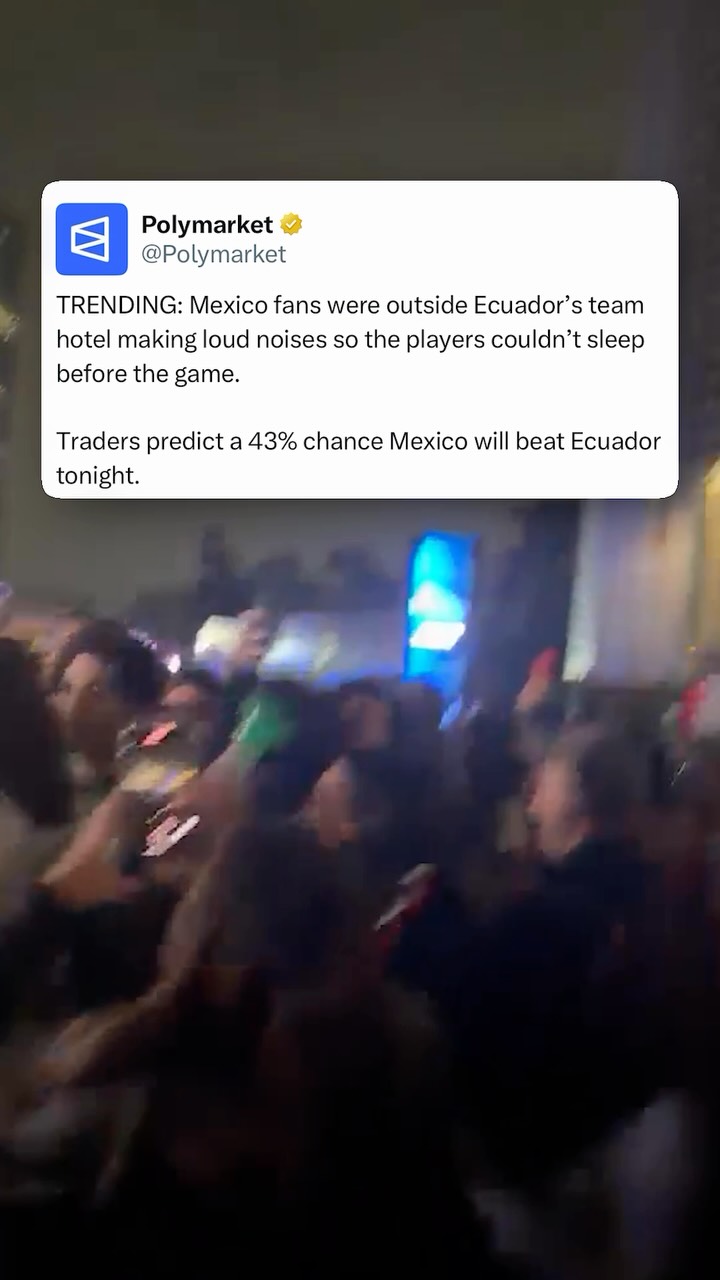 Mexican fans gathered outside Ecuador’s team hotel overnight ahead of Tuesday’s World Cup Round of 32 clash, using loudspeakers, air horns and revving motorcycles in an apparent attempt to keep the visiting squad awake.

The disturbance took place outside the Westin Hotel in Santa Fe, Mexico City, where dozens of supporters remained from around midnight into the early morning after organizing the gathering on social media. 

The tactic, commonly known as a “hotel serenade,” is a long-standing and controversial tradition in Latin American soccer, where home fans create noise outside opposing teams’ hotels to disrupt their rest before matches.

Traders predict a 43% chance Mexico will beat Ecuador tonight.