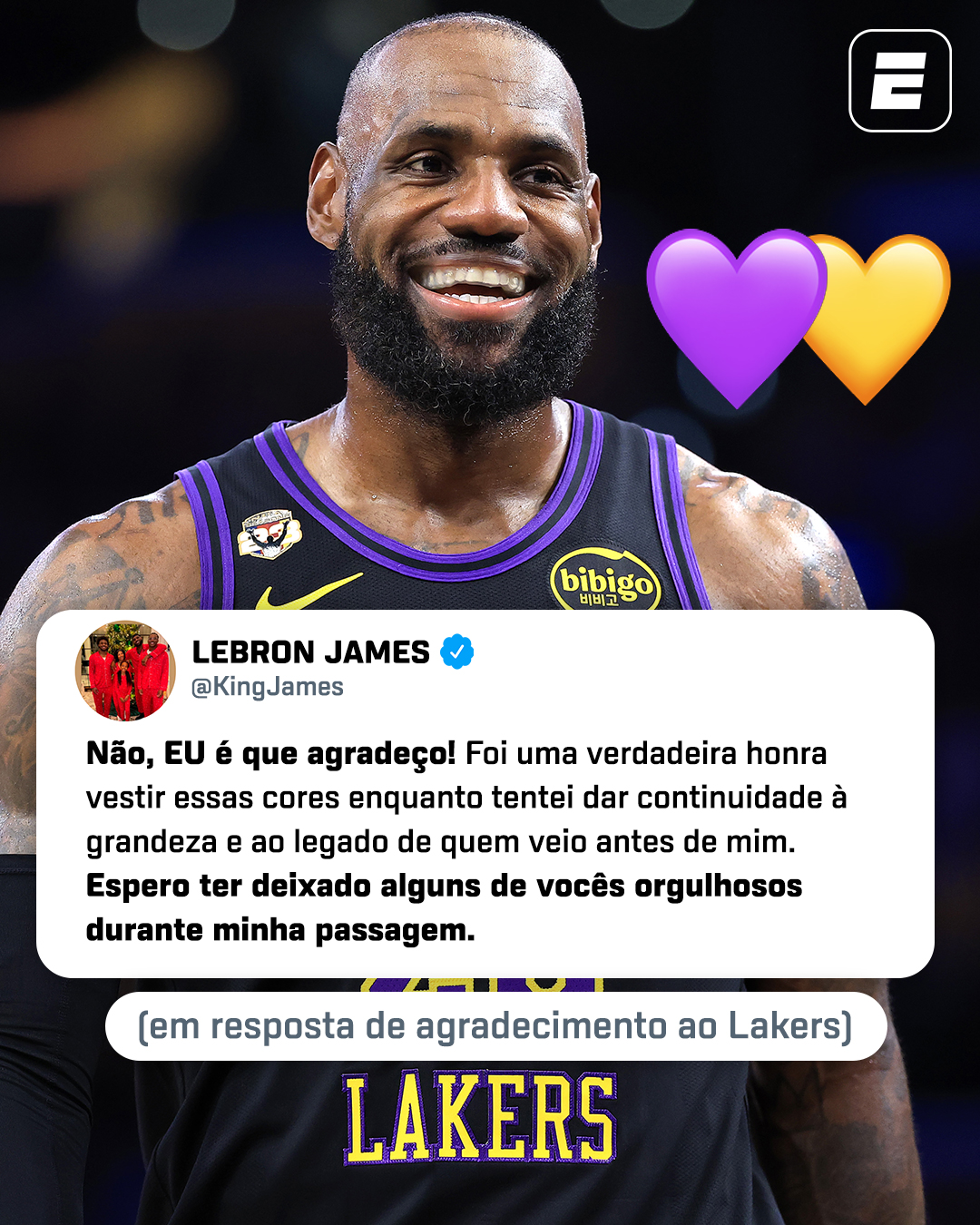 LEBRON RESPONDE HOMENAGEM DOS LAKERS COM MENSAGEM EMOCIONANTE! 💜💛

Após o Los Angeles Lakers agradecer publicamente pelos anos de história de LeBron James, o camisa 23 respondeu com uma mensagem de carinho à franquia.

O astro afirmou que foi uma honra vestir as cores da equipe por 8 temporadas e dar continuidade ao legado de grandes nomes da história da franquia.

Uma despedida à altura de uma das maiores histórias da NBA? 🏀

#NBAnaESPN #NBA #LeBronJames #Lakers