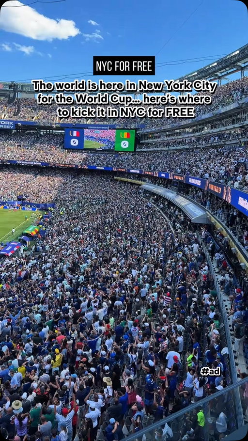 The world is here in New York City for the World Cup. Here’s where to to kick it in NYC for FREE!

Watch your team at a free watch party in all 5 boroughs — @BrooklynBridgePark has daily match screenings, live DJs, and local food vendors, @fwc26nynj World Cup Fan Village in @RockefellerCenter opens July 6, and House of Goal in @IndustryCity on July 3.

New York City loves a Block Party: streets are going car-free with @nyc_dot and transforming into Soccer Streets on match days, with activities for kids, soccer on the streets and more.

Catch a free concert at Bryant Park, Prospect Park, Lincoln Center’s Summer for the City, and more. There are dance parties, silent discos, and so many music events in NYC.

Feeling adventurous? Kayak for free along the Hudson at Pier 96 and other spots across all boroughs.

@nyctourism has asked New Yorkers to share their favorite spots to kick it, so drop yours in the comments and let’s show the world what New York City is really about! #KickItInNYC

#ad #nycforfree​