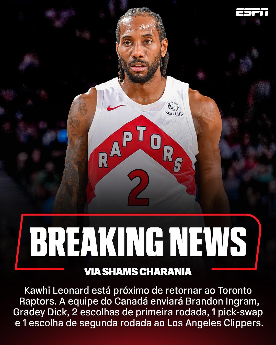 KAWHI DE VOLTA PARA CASA! 💣🇨🇦 Kawhi Leonard está próximo de retornar ao Toronto Raptors! A equipe do Canadá enviará Brandon Ingram, Gradey Dick, 2 escolhas de primeira rodada, 1 pick-swap e 1 escolha de segunda rodada ao Los Angeles Clippers. Pelos Raptors, Kawhi conquistou o título histórico de 2019, contra o Golden State Warriors, e foi eleito o MVP das finais!

via @shams 

#NBAnaESPN #KawhiLeonard #NBA