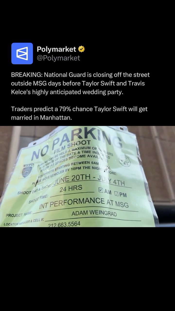 Preparations are underway for Taylor Swift and Travis Kelce’s highly anticipated wedding at Madison Square Garden in New York City on July 3, with a massive castle reportedly being built inside the venue as part of the ceremony. 

Workers have been seen draping the arena with fabric, wrapping the arena floor and unloading decorations, while boxes labeled “Garden Party” have also been delivered. 

 The star-studded guest list is expected to include Karlie Kloss, Zoë Kravitz, Ed Sheeran, Gigi Hadid and Selena Gomez, while Stevie Nicks and Tim McGraw are reportedly set to perform. The couple, who have been together since 2023, also filed permits for street closures around the venue ahead of the wedding.

Traders predict a 79% chance Swift will get married in Manhattan.