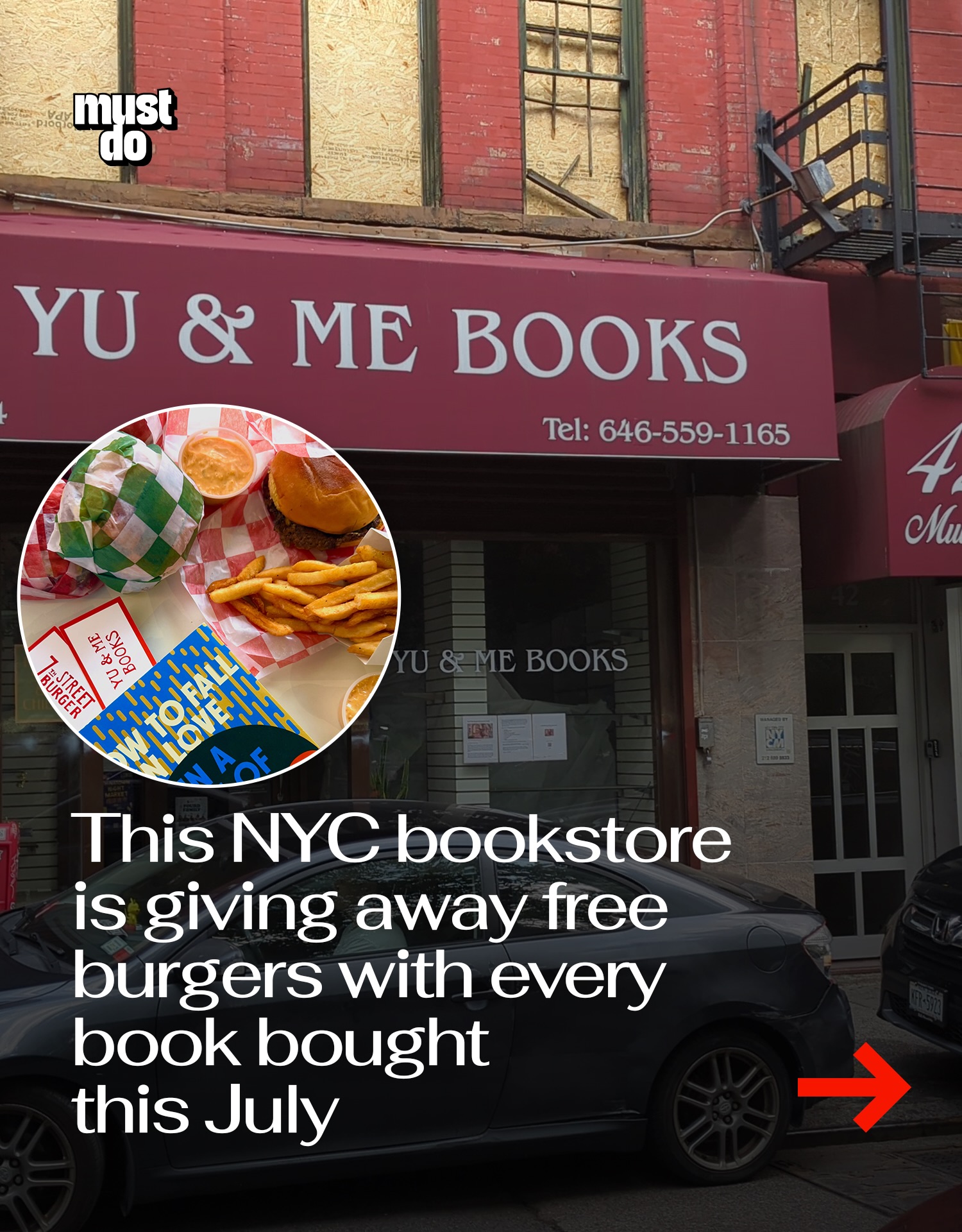 Few things fire us up more than independent bookstores doing dope stuff.

Throughout July, anyone who purchases a book at Yu & Me Books in Chinatown will receive a coupon for a free single cheeseburger at 7th Street Burger’s Mulberry Street location.
The collaboration also includes a limited-edition bookmark with every qualifying purchase, plus an exclusive T-shirt available while supplies last.

The promotion celebrates two beloved local businesses: Yu & Me Books, New York City’s first Asian American woman-owned bookstore, and 7th Street Burger, which first opened in the East Village in 2021.

The offer is valid throughout July, with a limit of one free burger per person, per day.

Media via @yuandmebooks @7thstreetburgernyc and lovely art by @lucyyuart

#mustdonyc #nycbookstores