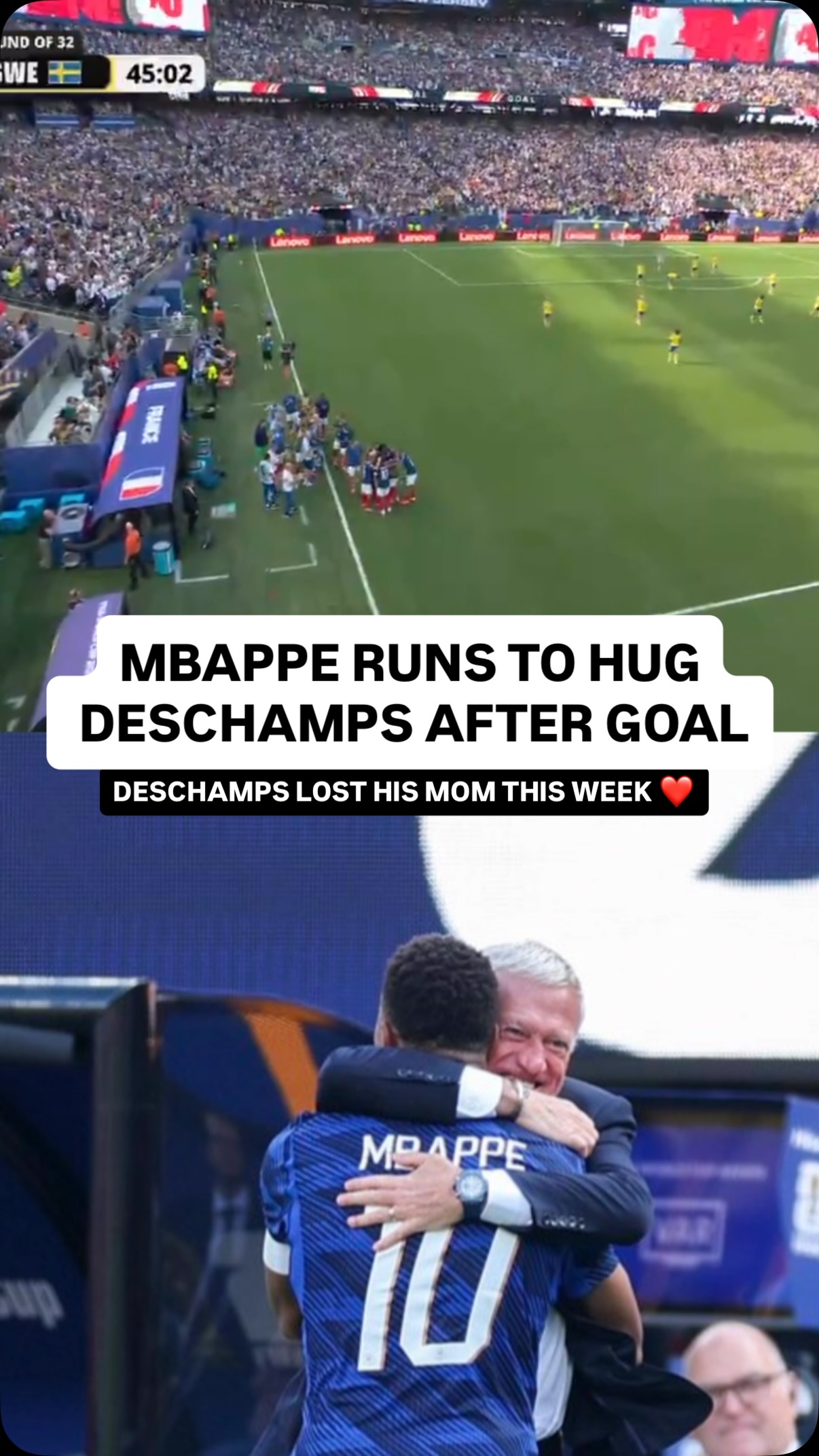 Kylian Mbappé showed immense class after scoring against Sweden, leading the entire France squad to celebrate with manager Didier Deschamps. 

Deschamps had only just returned to the sidelines following his mother’s funeral, which had forced him to miss the previous match against Norway.