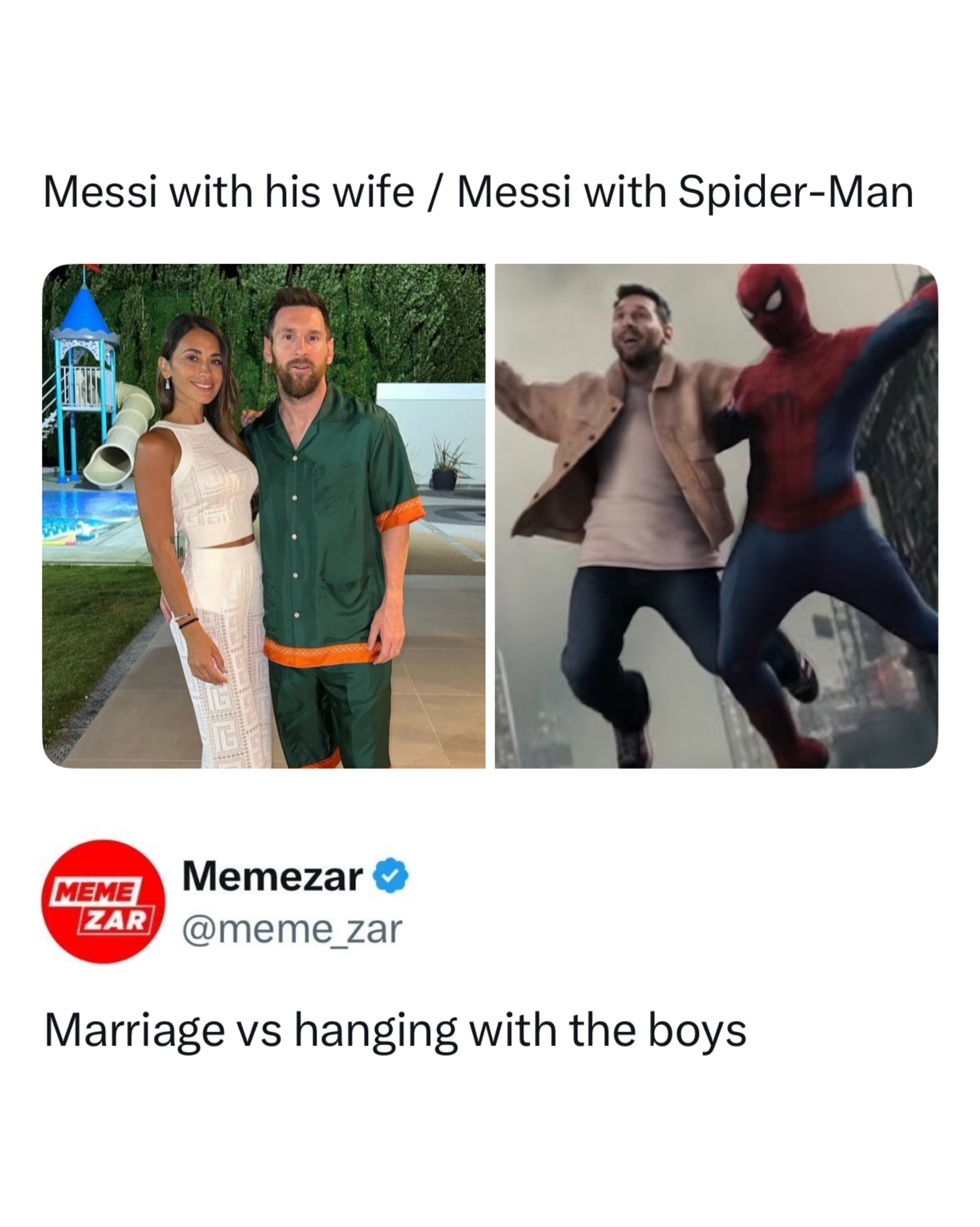 Messi couldn’t look any happier 😂🕷️

From lifting the World Cup to casually web swinging with Spider Man, Lionel Messi keeps finding himself in the most unexpected moments. The latest Marvel crossover has fans convinced he’s living every childhood dream all over again.

Forget marriage vs hanging with the boys. When one of the boys is Spider Man, the smile says it all.