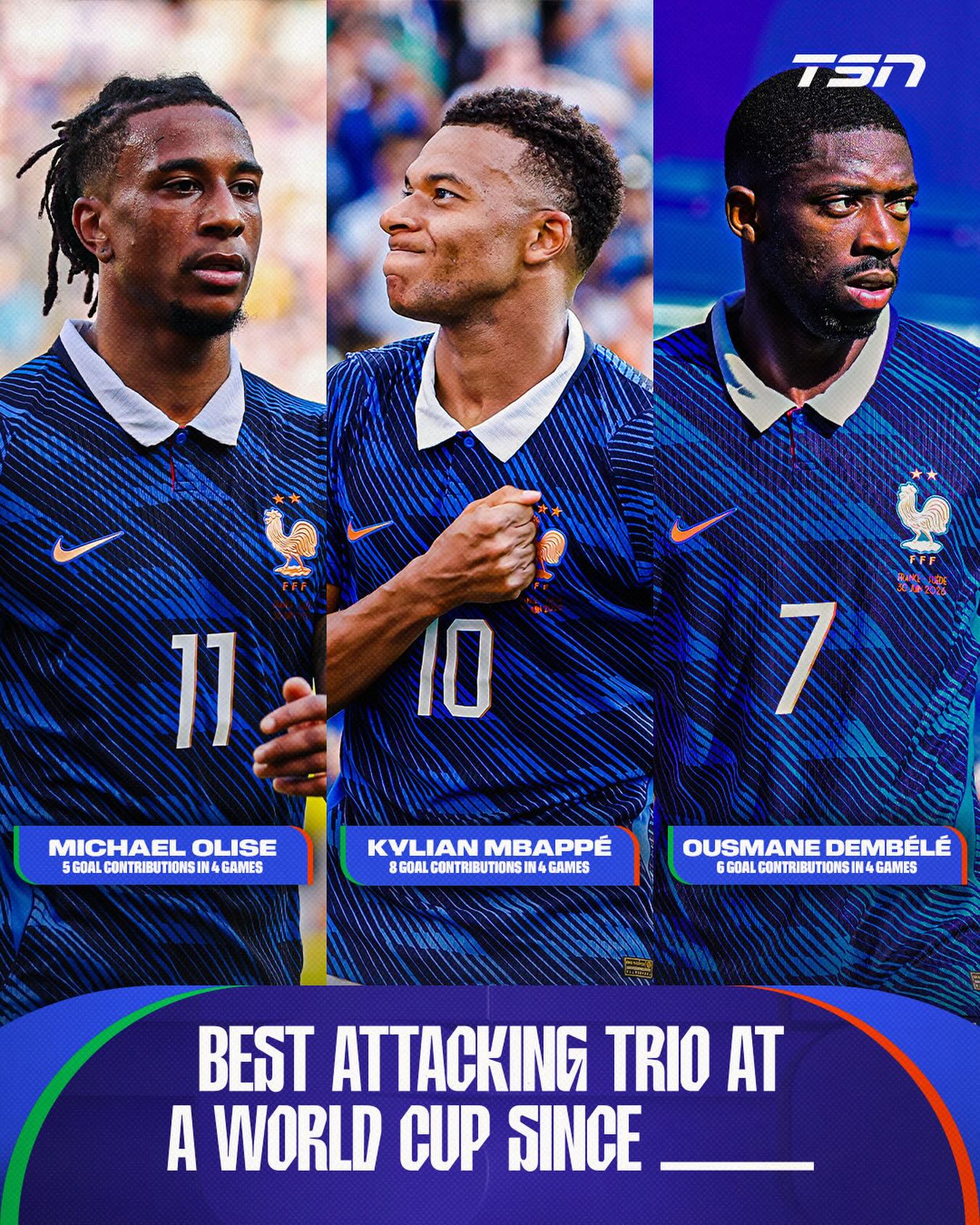 The trio of Kylian Mbappé, Ousmane Dembélé, and Michael Olise has been absolutely WORLD CLASS, combining for 19 goal contributions in four matches! 🇫🇷

When was the last time the beautiful game saw a stronger trio at the World Cup? 🤔

#FIFAWorldCup