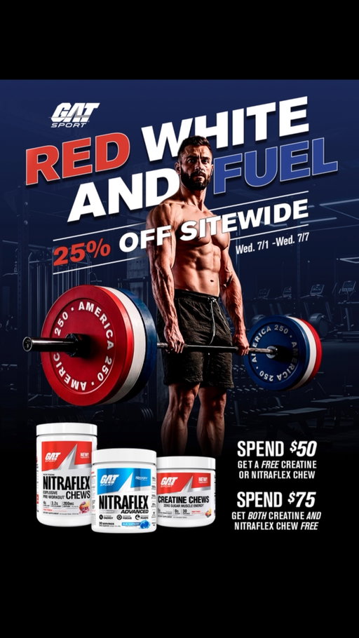 Red, white, and FUEL is officially live. 🇺🇸

Get 25% off sitewide from 7/1–7/7 and stock up on your training essentials. Spend $50 and get a FREE Creatine or Nitraflex Chew. Spend $75 and get both FREE.

🛒 Shop now at GATSport.com!