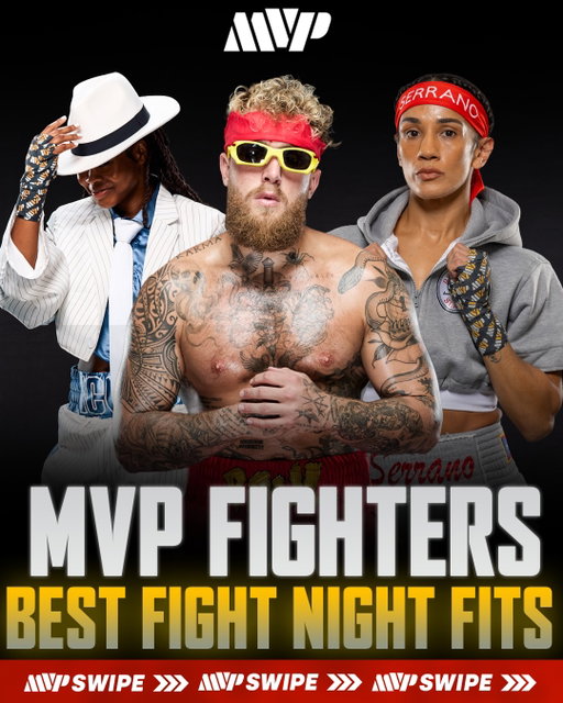 Drip check. ❄️😮‍💨

Here are a few of the coldest MVP fight night fits we’ve seen so far. 🔥 which one is your favorite? 👀

Alycia Baumgardner - Diamond Fit 💎

Jake Paul - Hulk Hogan Fit 💪

Amanda Serrano - Rocky Fit 🥊

Logan Holler - Cody Rhodes Fit ⚡️

Ramla Ali - Versace Fit ⚜️

Lucas Bahdi - Canada Jersey Fit 🇨🇦

Leanna Cruz - The Purge Fit 👿

Sa’Rai Brown El - Michael Jackson Fit 🕺