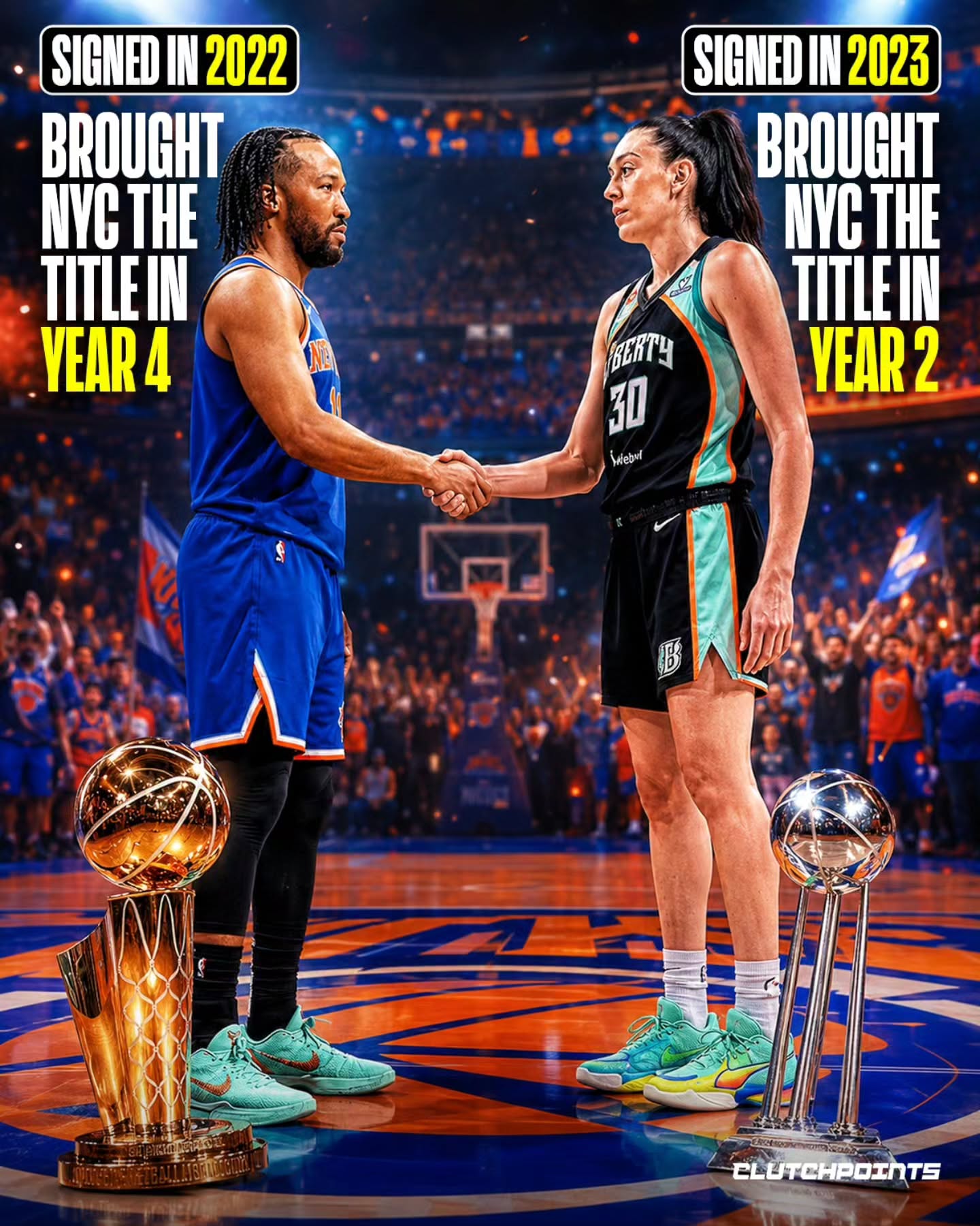 New York City is officially having a basketball renaissance, all thanks to the city signing two of the best players in the world.

Jalen Brunson is rightfully being celebrated as the ultimate hero of the Big Apple after bringing NYC its first NBA title in 53 long years.

He deserves every single bit of that love, lifting the Larry O’Brien Trophy just four years after signing the dotted line with the Knicks.

But let’s not forget, the city experienced that exact same championship high two seasons ago when Breanna Stewart lifted the Liberty to their first-ever WNBA title.

It took Stewie just two seasons to totally crack the code, paving the way for the Knicks and Brunson to follow suit.

The dominance runs way deeper than just the main rings, too. 

Both of these superstars have been out here hoarding mid-season hardware for the city. 

Back in December, Brunson carried the Knicks to a gritty Emirates NBA Cup championship (winning the MVP in the process). 

Not to be outdone, Stewart just went out and anchored the Liberty to a WNBA Commissioner's Cup trophy.

The question now is, what will each of them do to top themselves?

Because let's be real, the only thing better than one title is two.

As if they aren't massive enough heroes already, the absolute best way to cement your legacy in New York is to have a matching pair of rings.