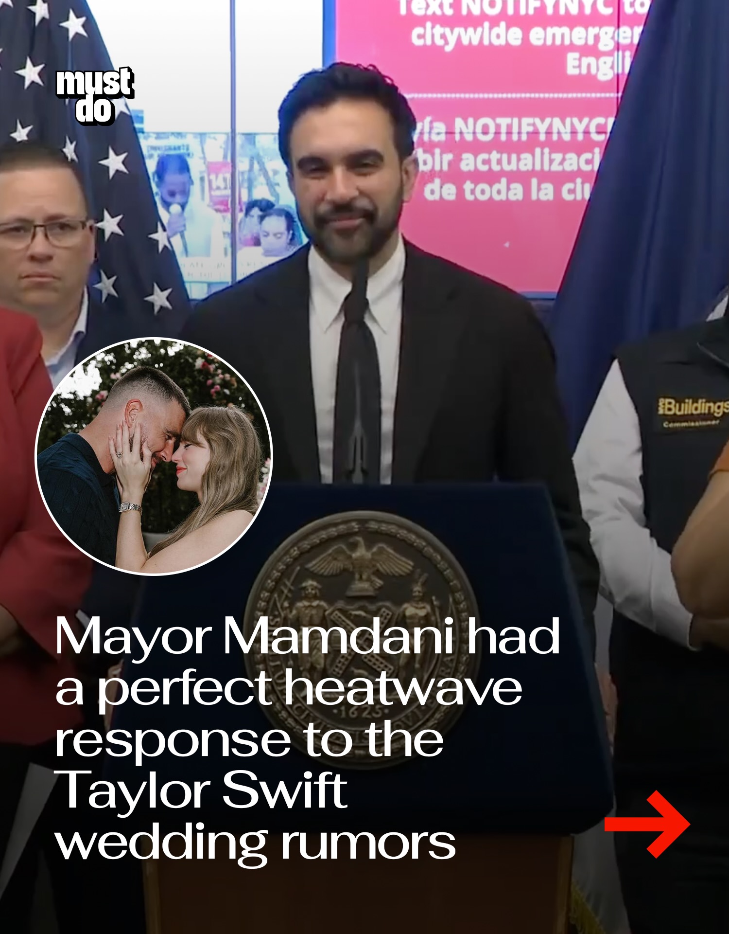 As rumors continue to swirl that Taylor Swift and Travis Kelce could be getting married at Madison Square Garden this week, New York City Mayor Zohran Mamdani was asked whether fans should expect street closures.

His response?

“My recommendation to all New Yorkers is to stay inside and stay cool. And if you happen to be getting married at Madison Square Garden, you will be staying inside and you will be staying cool.”

The mayor then shifted the focus to the city’s historic heat wave, urging New Yorkers to stay indoors when possible, drink plenty of water, wear sunscreen and take advantage of the city’s cooling centers as temperatures could feel as hot as 112°F through the holiday weekend.

Stay cool out there, NYC!

Media via @nycmayor

#mustdonyc #heatwave #mamdani