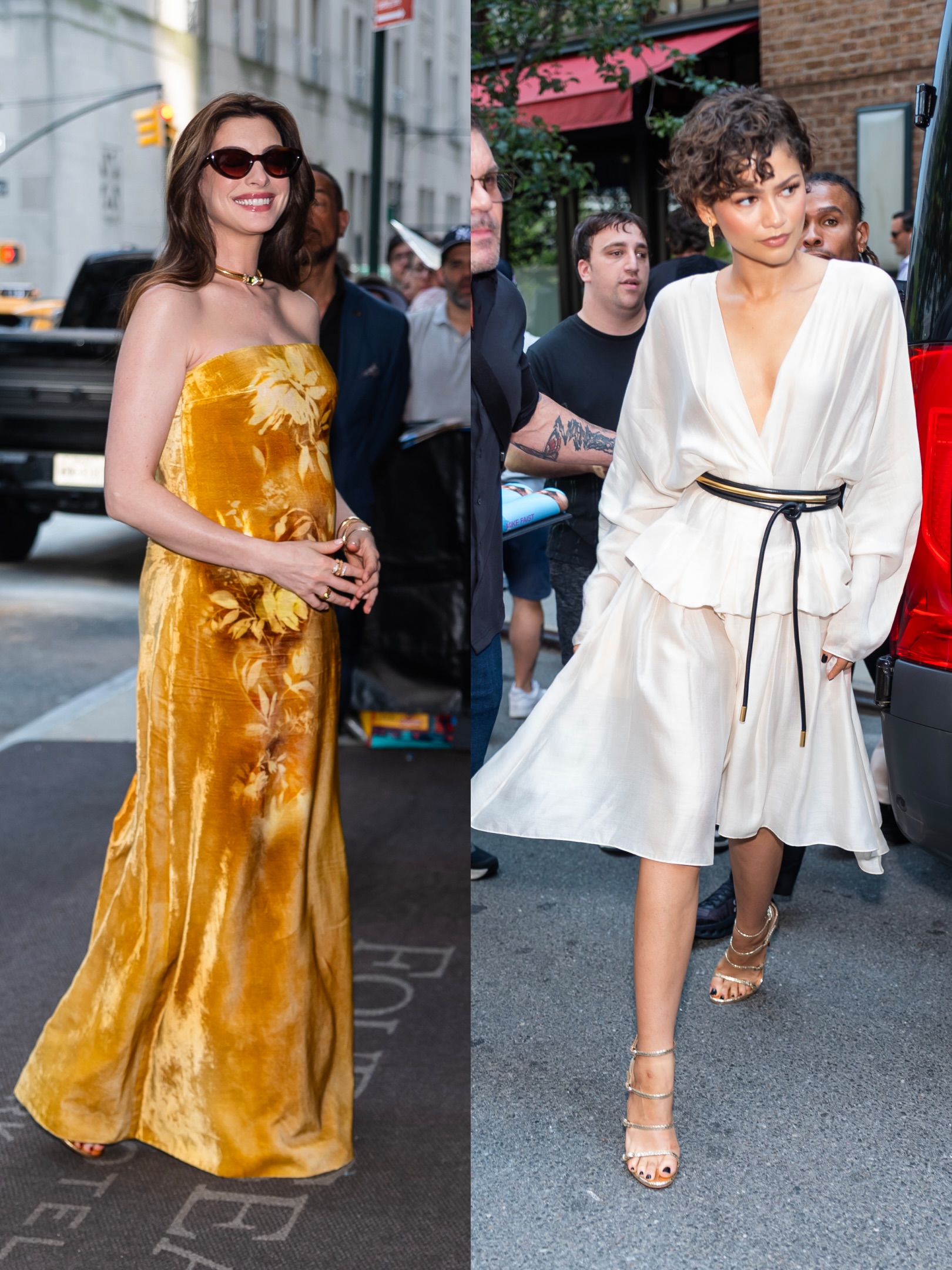 Make way for ELLE’s Summer Issue cover stars! @annehathaway and @zendaya were spotted in New York City on Wednesday in goddess-worthy looks inspired by their new film, @theodysseymovie. Hathaway continued to embrace maternity style in a golden strapless velvet gown by @lelarose, paired with @gianvitorossi heels and @bvlgari jewels. Zendaya opted for a free-flowing top and skirt set from @khaite’s 2027 resort collection, with a plunging neckline and gold accessories.