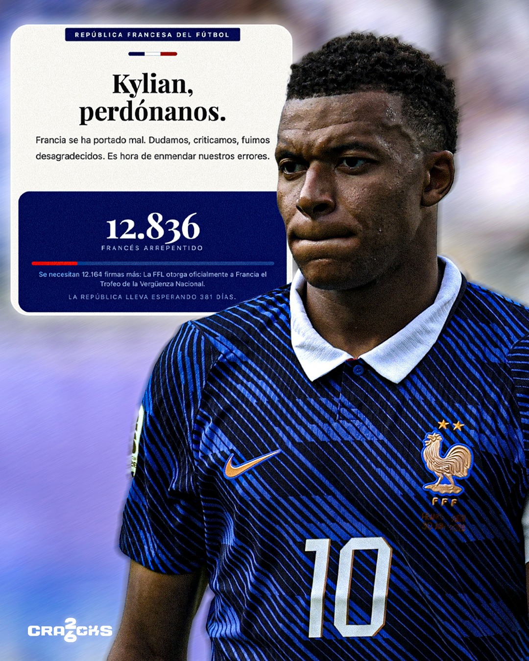 😂 FRANCIA LE PIDE PERDÓN A MBAPPÉ

🇫🇷 Tras el brutal arranque de Kylian Mbappé en el Mundial, aficionados franceses crearon una petición llamada “Kylian, perdónanos”.

✍️ La página ya supera las 12 mil firmas de “franceses arrepentidos” que admiten haber dudado o criticado al jugador.