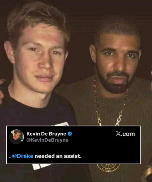 Remember when Kevin De Bruyne was dropping assists on and off the pitch? 🐐

Back in 2023, fans noticed “K. De Bruyne” in the writing credits for Drake’s song ‘Wick Man’ from Scary Hours 3. Many assumed it was soccer player Kevin De Bruyne.

The credit actually belonged to Koen De Bruyne, a Belgian jazz musician whose work was sampled on the song. Kevin De Bruyne later cleared it up confirming he had nothing to do with the track.